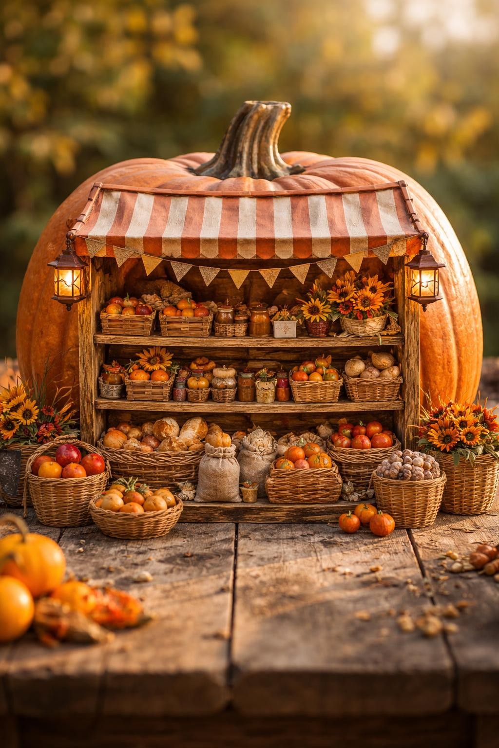 Image Prompt: A wide terracotta pumpkin transformed into a miniature autumn market stall without carving, tiny striped awning attached above the front, narrow wooden shelves fixed across the surface, miniature pumpkins, apples, bread, flower baskets, and fabric sacks displayed neatly, tiny lanterns and bunting, rustic tabletop scene, warm afternoon light, realistic DSLR craft photography, highly detailed handmade finish, no people, no readable text.
