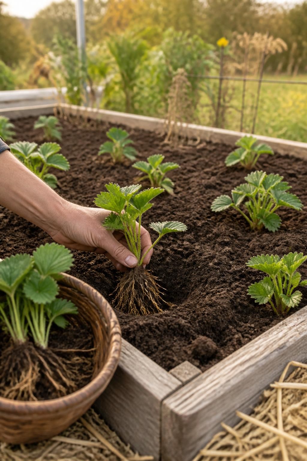 Image Prompt: A realistic fall raised bed dedicated to strawberry plants, with healthy young strawberry crowns arranged in evenly spaced rows, one gardener’s hand positioning a plant so the crown sits level with the soil, visible roots spread naturally in a shallow planting hole, a small basket holding extra plants, dark crumbly soil and light straw mulch nearby, faded summer garden in the background, soft autumn afternoon light, accurate plant anatomy, editorial DSLR photography, 45-degree angle, no text.