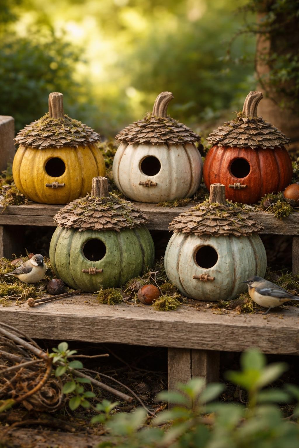 Image Prompt: Several small fake pumpkins transformed into tiny birdhouses, each with a round entrance hole, painted in muted mustard, sage, cream, rust, and blue, little perch sticks below each opening, shingled paper roofs around the stems, moss, twigs, and tiny birds at the base, cozy garden shelf display, soft outdoor morning light, realistic DSLR craft photography, detailed handmade finish, no people, no text.