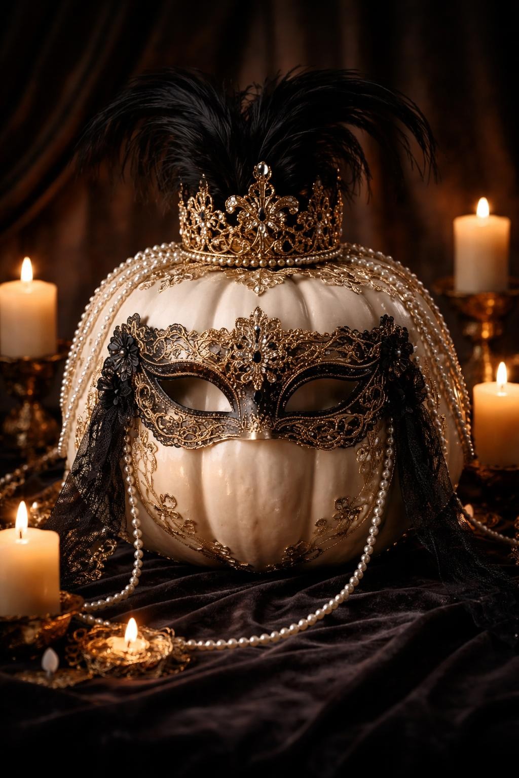 Image Prompt: A large pearl-white pumpkin styled as an elegant masquerade queen, detailed gold and black mask fitted across the front, raised filigree patterns, tiny crystals, black feathers, delicate lace, ornate crown surrounding the stem, long strands of pearls draped along the sides, candlelit contest display on dark velvet, refined theatrical mood, dramatic soft lighting, realistic DSLR photography, high-detail handmade finish, no people, no text.