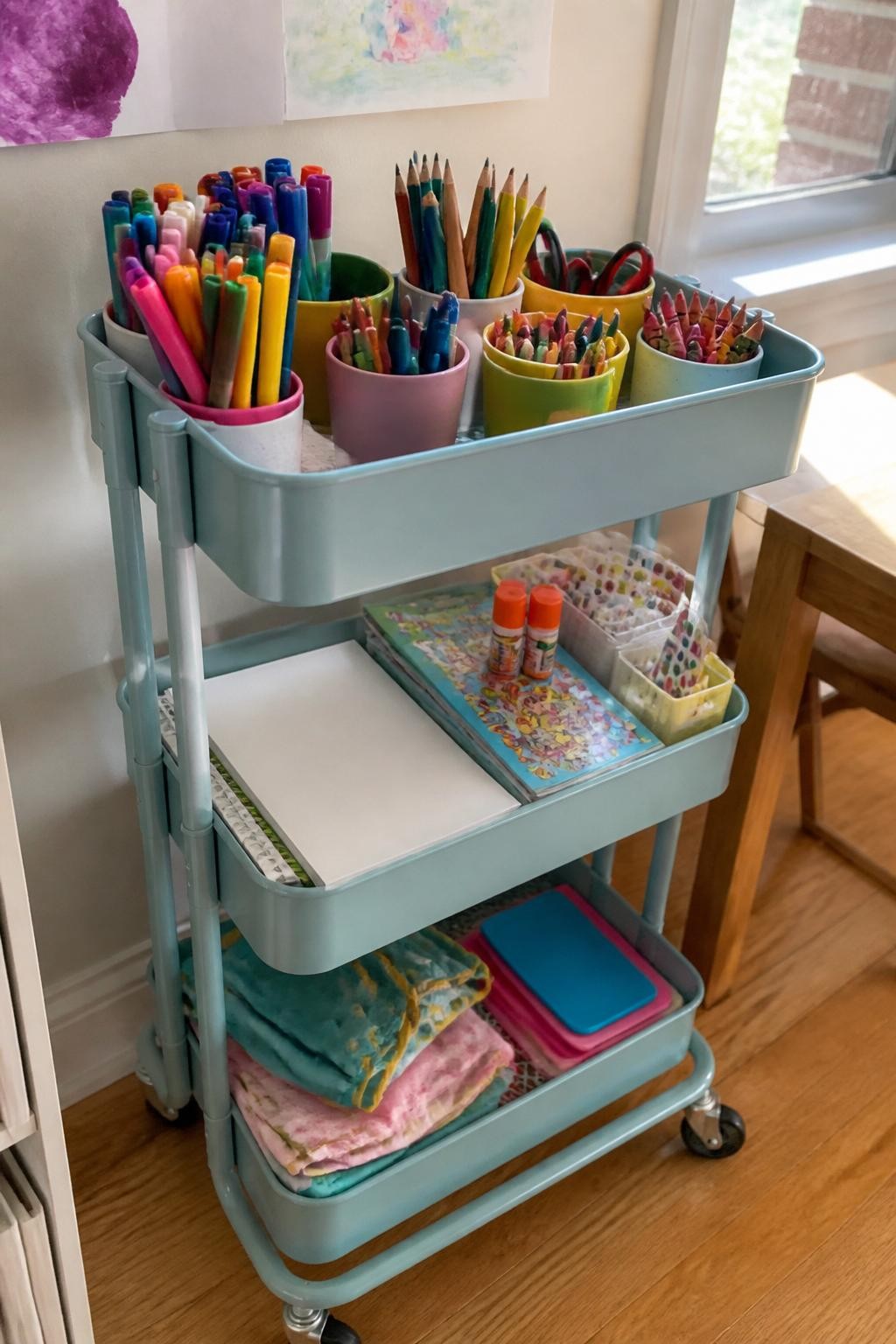 Image prompt: A narrow three-tier rolling cart in a family craft corner, top tier holding washable markers, crayons, pencils, and scissors in cups, middle tier holding paper, colouring books, glue sticks, and stickers, lower tier holding paint aprons and reusable mats, photographed with natural iPhone photo quality, bright afternoon light, realistic art marks and slightly used supplies, no children visible, no brand names, no watermarks on images.