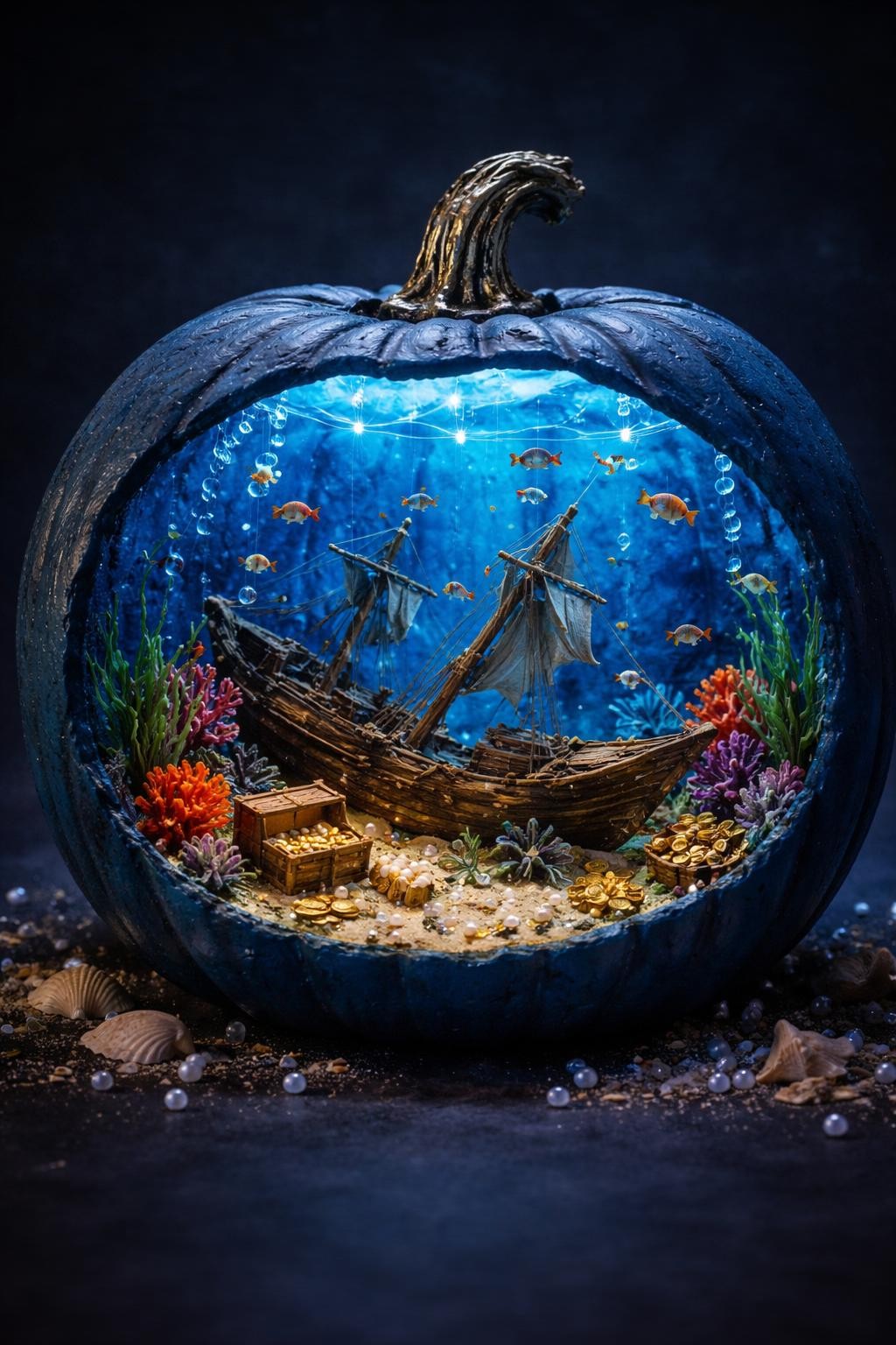 Image Prompt: A large deep blue pumpkin turned into an underwater shipwreck diorama, wide cutaway opening revealing a miniature broken wooden ship, sandy floor, tiny treasure chest, coral, shells, seaweed, scattered gold coins, small fish suspended on clear thread, blue and turquoise LED lighting, bubbles made from clear beads, realistic ocean textures, dramatic contest display on a dark surface, detailed DSLR photography, no people, no text.