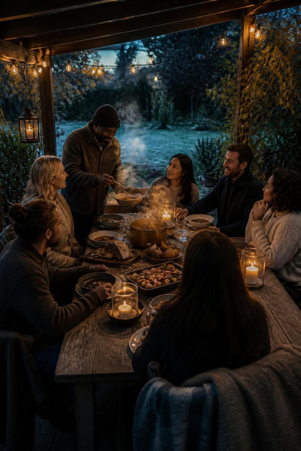 Image Prompt: An intimate dinner beneath a covered patio on the first noticeably cold evening of fall, a long wooden table set with steaming stew, roasted root vegetables, crusty bread and baked pears, blankets draped over chair backs, safe lanterns and candles inside glass holders, seven adult friends of varied skin tones wearing layered sweaters and coats, a Black man serving soup while others talk naturally, faint frost or dew visible on the garden beyond, realistic steam, warm light against a cool blue evening, editorial DSLR photography, no text.