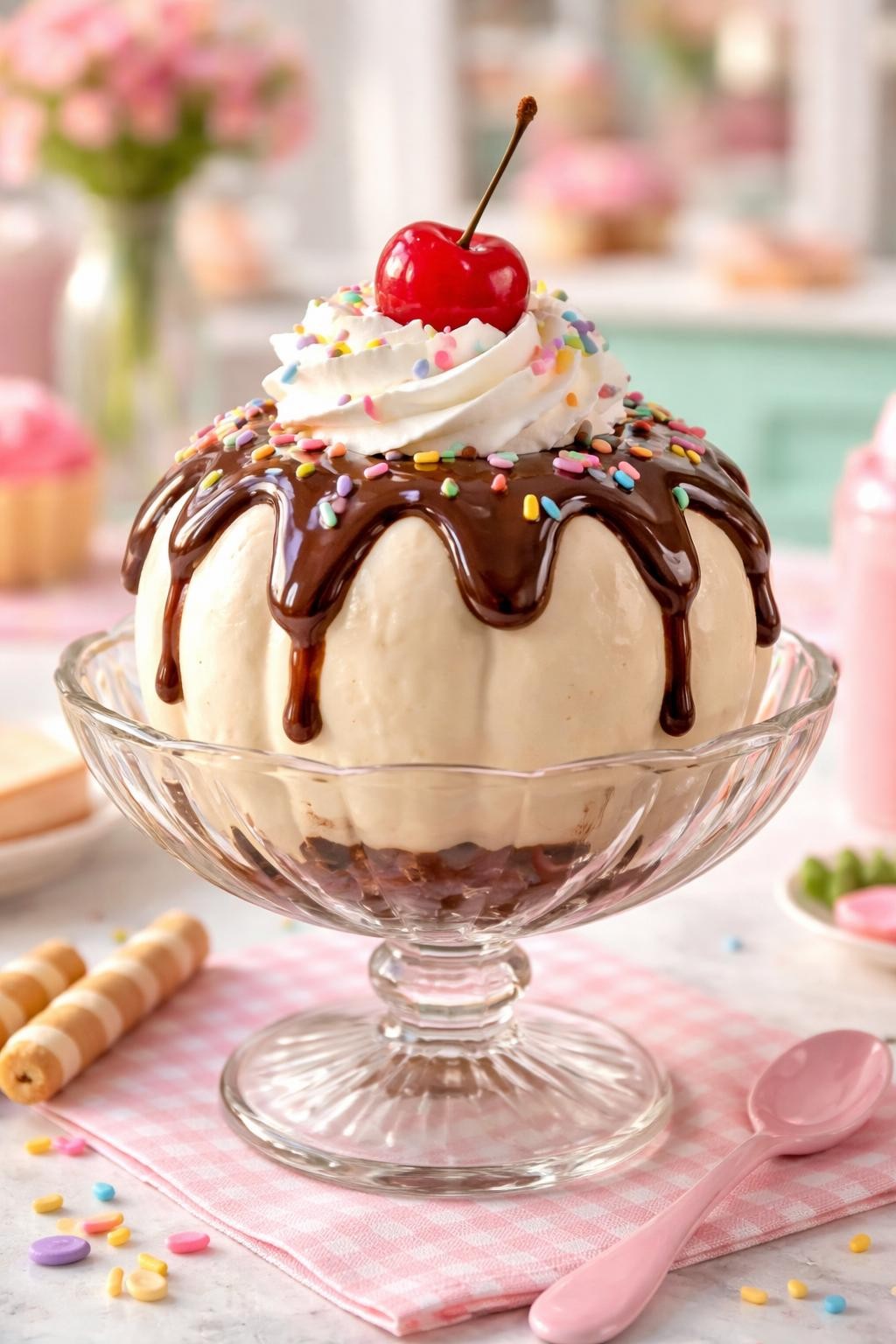 Image Prompt: A squat white pumpkin transformed into an oversized ice-cream sundae, glossy chocolate drizzle flowing from the top, colorful clay sprinkles, whipped cream swirl surrounding the stem, bright red cherry attached above it, pumpkin placed inside a vintage glass dessert bowl, playful pastel café setting, bright natural light, realistic DSLR food-style craft photography, sharp glossy textures, no people, no text.