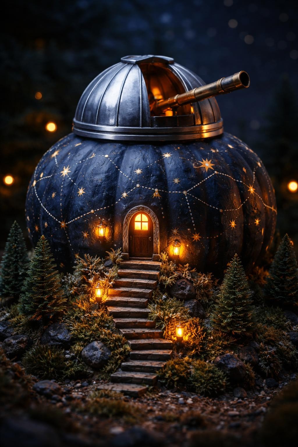 Image Prompt: A round deep navy foam pumpkin transformed into a miniature hilltop observatory, silver dome built around the top with an open viewing slit, tiny brass telescope extending outward, painted constellations and gold stars across the pumpkin, narrow staircase leading to a small arched door, miniature pine trees and rocks around the base, warm amber light glowing from tiny windows, cinematic nighttime setting, realistic DSLR photography, intricate handcrafted construction, no people, no readable text.