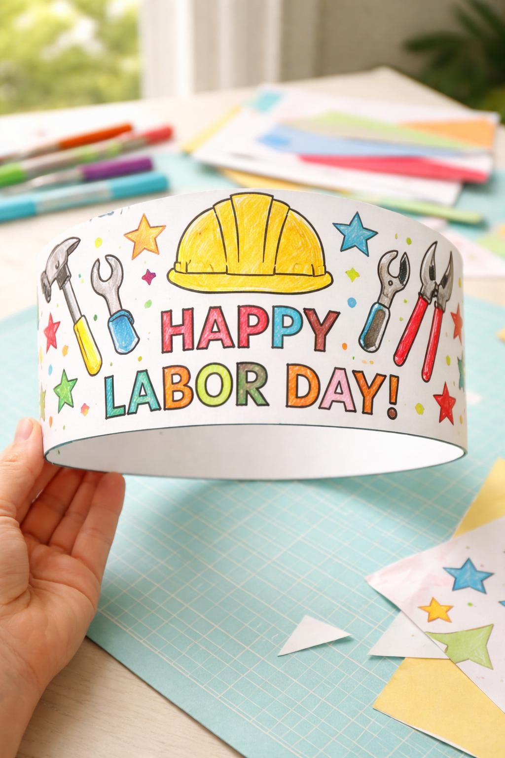 Image Prompt: Photo of a finished Labor Day parade paper crown, held in hand POV, above a pastel craft mat workspace with markers and paper scraps nearby, bright natural daylight, crown filling most of the frame, colorful stars and child-drawn worker tools clearly visible, realistic craft photography, latest iPhone photo quality.