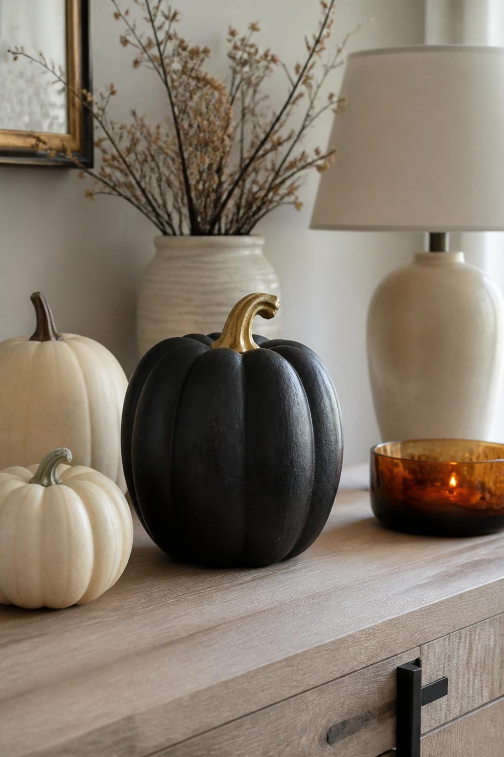 Horizontal 16:9 natural iPhone photograph of a ceramic pumpkin painted deep matte black with a slightly textured chalky finish and an antique gold stem, displayed on a light wood console table with cream pumpkins, dried branches, a small lamp, and an amber glass bowl, soft morning window light, realistic shadows, modern fall home, no glossy plastic finish, no text.