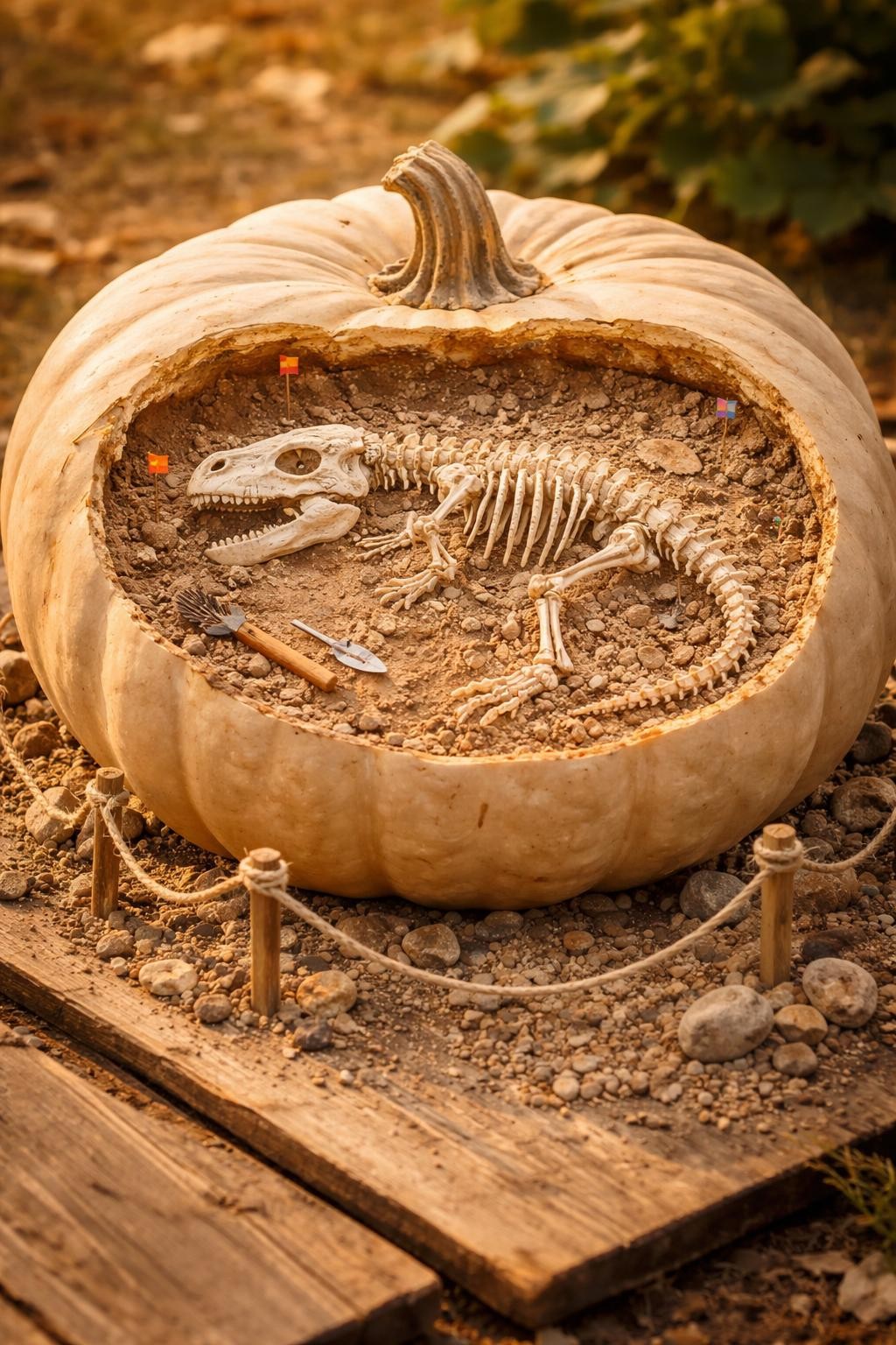 Image Prompt: A wide sandy beige pumpkin designed as a miniature dinosaur fossil excavation, shallow carved section filled with faux packed earth, exposed white dinosaur skeleton including skull, ribs, spine, and tail, tiny brushes, shovel, measuring flags, rope boundary, pebbles and dust around the base, realistic archaeology display, warm outdoor-style light, detailed DSLR craft photography, no people, no readable text.