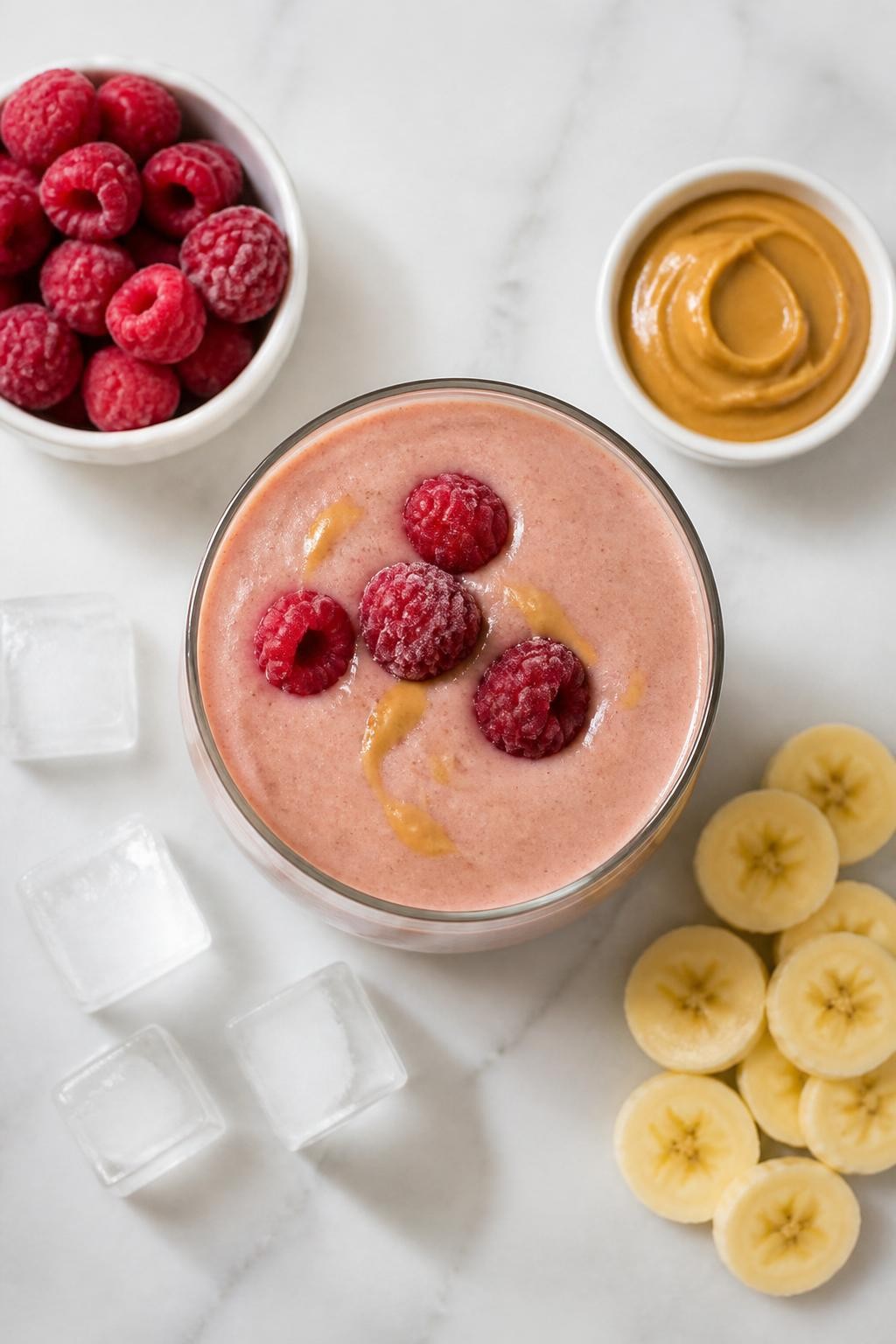 Realistic top-down food photography of a peanut butter raspberry smoothie in a clear glass on a clean white marble countertop. The smoothie is soft pink-tan, thick, and creamy, styled with raspberries, peanut butter in a plain dish, banana rounds, and a few ice cubes nearby. Bright natural window lighting, clean fruity snack styling, realistic smoothie texture, high detail, no people, no hands, no text, no watermarks, no props with writing.