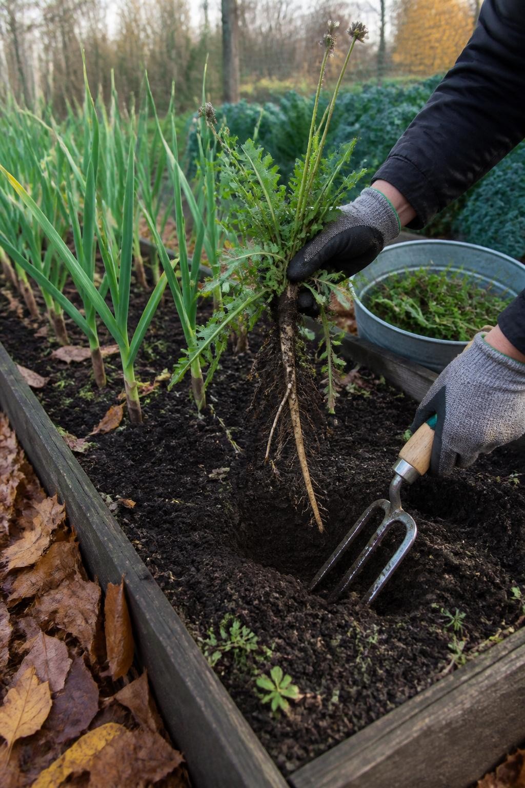 Image Prompt: A realistic fall garden bed cleanup showing a gardener pulling mature weeds from moist soil with the roots intact, several weeds carrying visible but unopened seedheads, a metal hand fork loosening the soil around a deep taproot, a bucket holding removed weeds nearby, rows of healthy garlic and kale protected in the background, fallen leaves around the wooden bed edge, soft cool morning light, accurate weed growth and root structure, editorial DSLR garden photography, 50mm lens, highly detailed, no text.