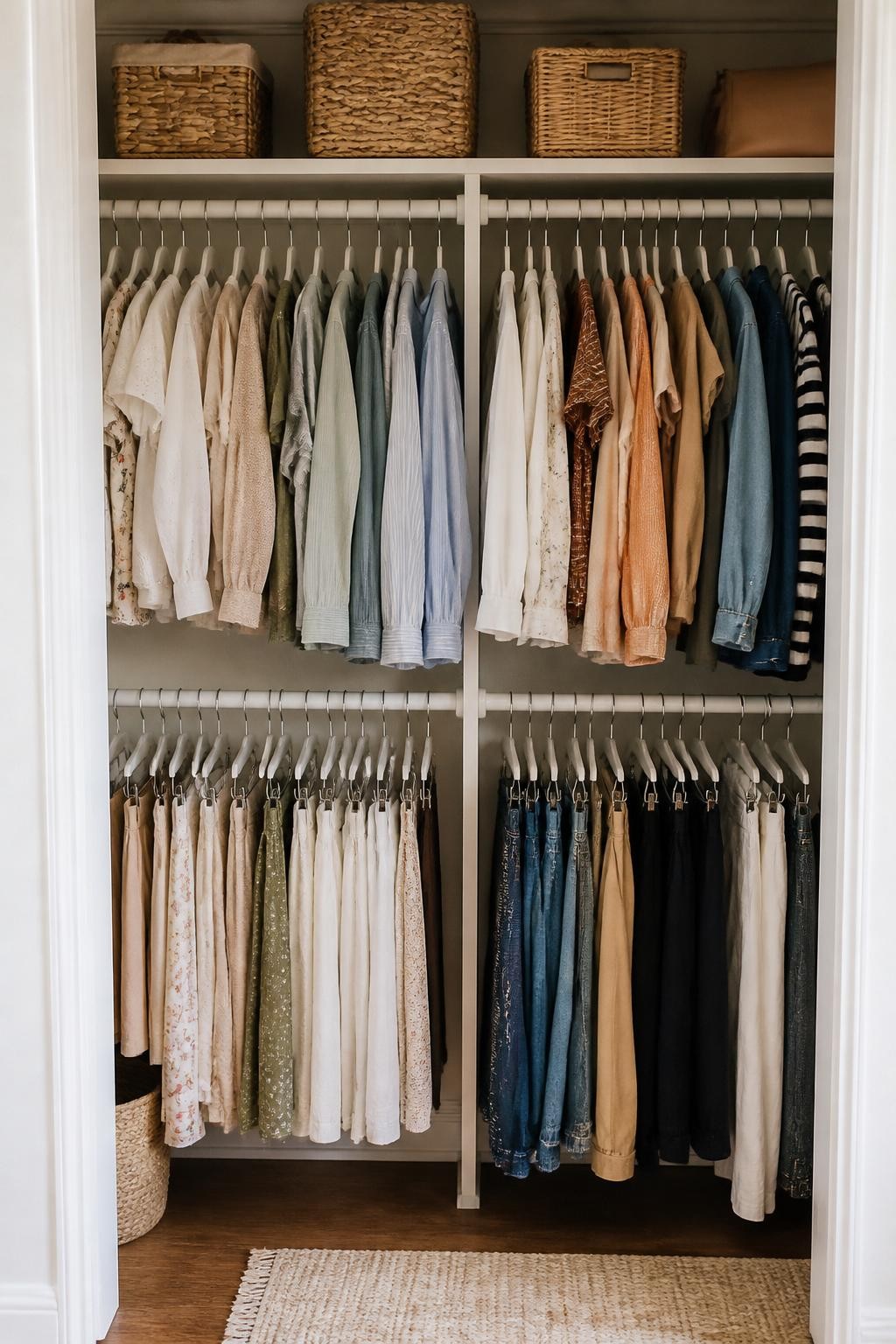 Image prompt: A neatly organized small bedroom closet photographed in natural morning light with modern iPhone photo quality, two separate double-hanging sections created with simple white adjustable closet rods, short blouses and shirts hanging on the upper rods, skirts and folded trousers on clip hangers below, matching slim hangers, warm white walls, a few woven baskets on the top shelf, natural clothing textures, slightly lived-in but tidy home setting, straight-on composition, no overly perfect symmetry, no people, no visible brand names, no watermarks on images.
