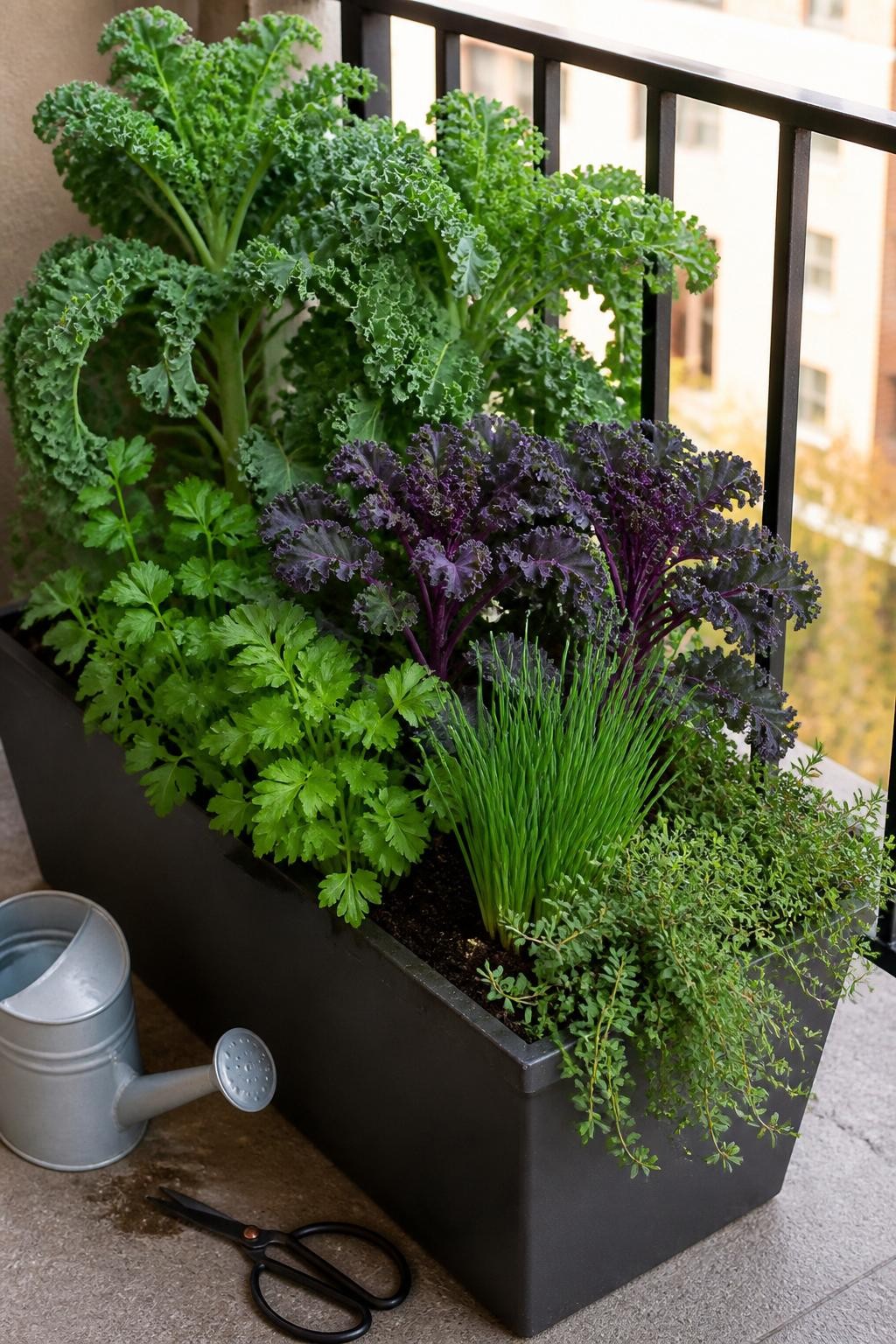Image Prompt: A realistic tall rectangular balcony planter filled with compact curly kale, purple kale, flat-leaf parsley, chives, and trailing thyme, layered with taller kale at the back and herbs toward the front, rich dark soil, a small watering can and garden scissors beside the planter, simple apartment railing in the background, bright cool autumn daylight, practical edible garden design, natural foliage variation, DSLR photography, 45-degree angle, highly detailed, no text.