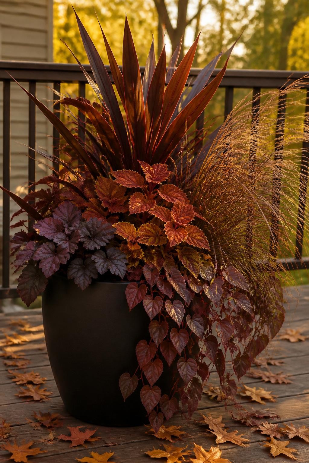 Image Prompt: A realistic wide matte-black container filled with rich fall foliage plants rather than flowers, including upright dark burgundy cordyline, copper-toned coleus, deep plum heuchera, bronze carex grass, and trailing sweet potato vine, layered naturally with visible differences in leaf shape and texture, positioned on a wooden deck, scattered rust-colored leaves, warm golden-hour sunlight, realistic home garden setting, slight wind movement in the grass, editorial DSLR photography, 35mm lens, no text.