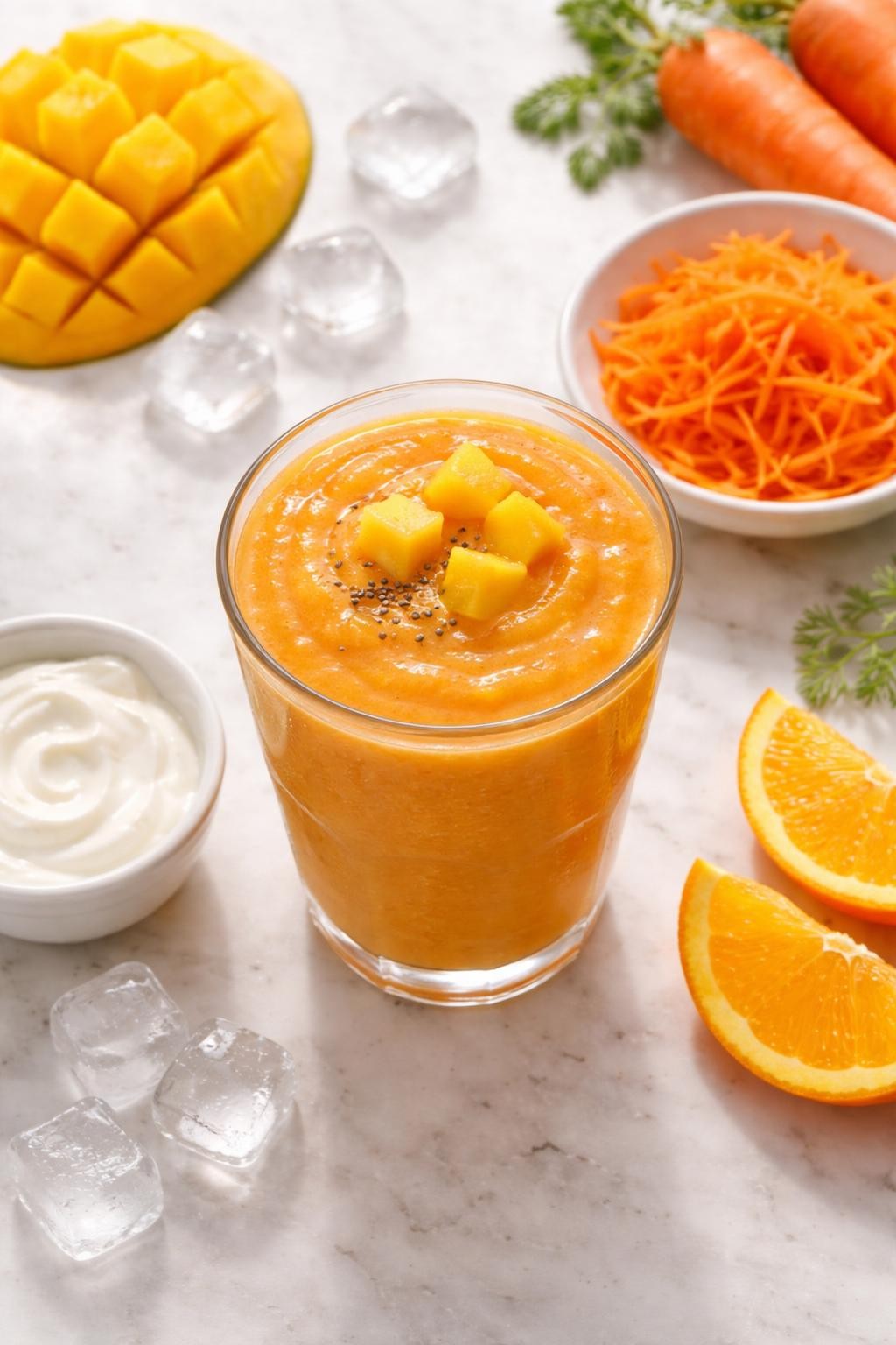 Realistic top-down editorial food photography of a mango carrot smoothie in a clear glass on a light marble countertop. The smoothie is golden orange, thick, smooth, and fresh-looking, styled with mango cubes, shredded carrot, orange slices, Greek yogurt in a plain bowl, and ice cubes nearby. Bright natural daylight, clean healthy smoothie styling, high detail, realistic smoothie texture, no people, no hands, no text, no watermarks, no props with writing.