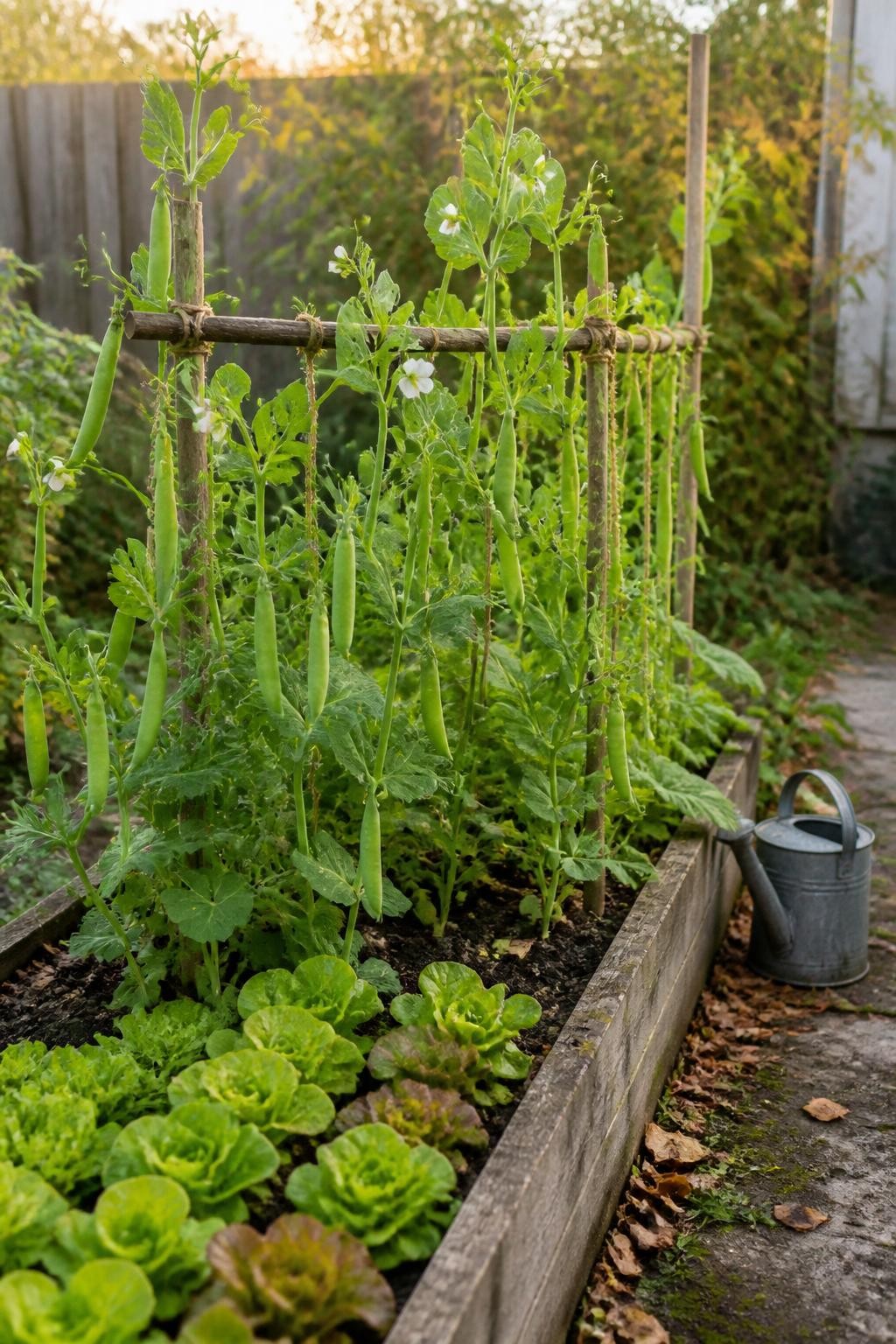 Image Prompt: A realistic narrow raised garden bed in a mild fall climate with young sugar snap pea vines climbing a simple wooden and twine trellis, white pea flowers and several fresh green pods visible among the leaves, lower front edge planted with small lettuce plants, natural uneven vine growth, damp dark soil, a metal watering can beside the bed, soft early-morning sunlight, a few fallen leaves along the path, true-to-life backyard garden, editorial DSLR photography, 50mm lens, highly detailed, no text.