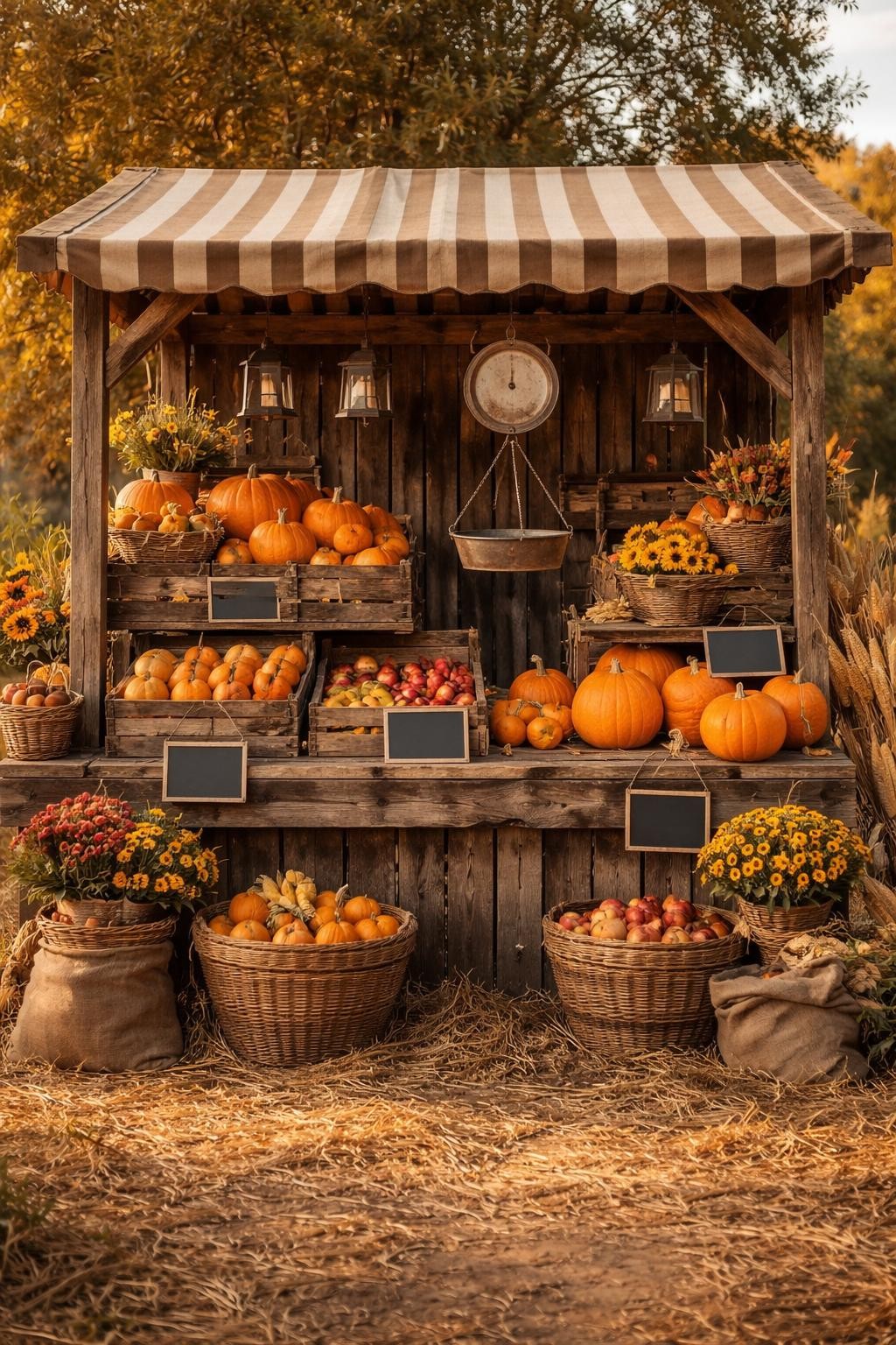 Image Prompt: A rustic pumpkin patch market stand made from weathered wood, shelves filled with pumpkins, gourds, apples, flowers, and small baskets, striped canvas awning, hanging scales, wooden crates, chalkboard-style price signs with no readable wording, burlap sacks, lanterns, straw scattered across the ground, warm farm setting, realistic DSLR photography, detailed editorial composition, no people, no legible text.