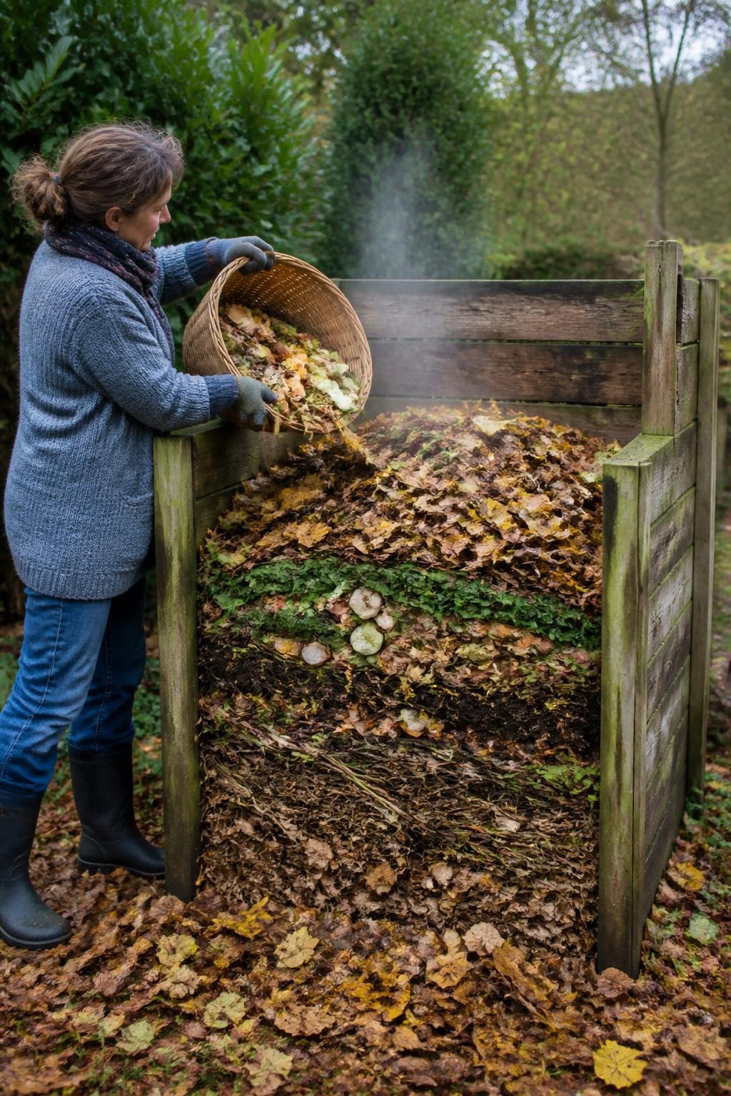 Image Prompt: A realistic active fall compost pile contained inside a three-sided wooden compost bin, built to a substantial size with visible layers of shredded autumn leaves, green garden clippings, vegetable scraps, and chopped stems, a gardener adding another basket of mixed material, light steam rising naturally from the center on a cool morning, fallen leaves around the bin, authentic backyard garden, soft diffused daylight, true-to-life compost textures, DSLR photography, 50mm lens, no text.