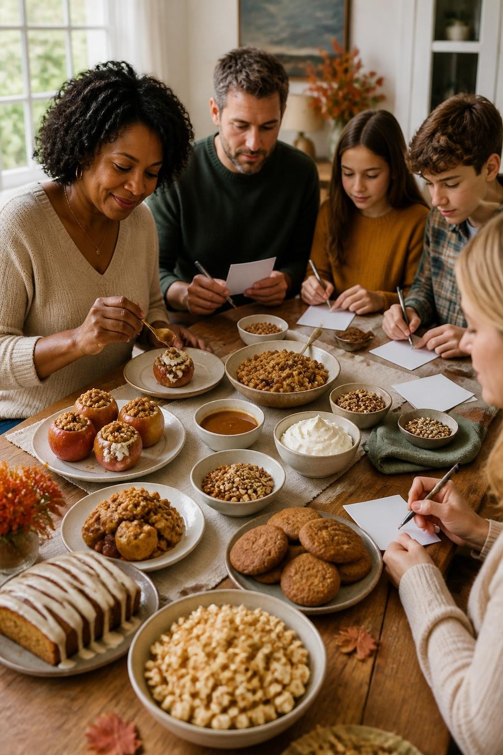 Image Prompt: A bright dining table arranged as an autumn dessert testing station, small plates of baked apples, pear crumble, pumpkin cookies, cinnamon cake and maple popcorn, bowls of toppings including whipped cream, chopped nuts and caramel sauce, three adults and two older children recording scores on blank cards, a Black woman adding a small spoonful of topping to a dessert, crumbs and napkins arranged naturally, soft window light, realistic pastry texture, editorial DSLR food photography, no branding, no readable writing.
