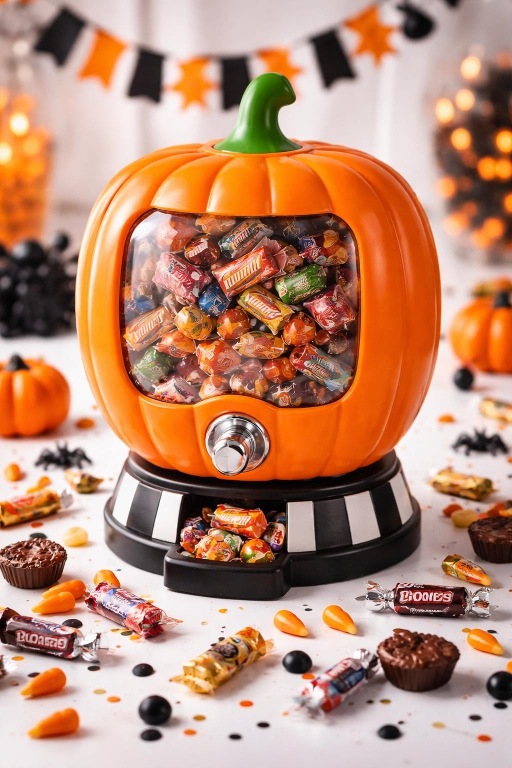 Image Prompt: A bright orange plastic pumpkin transformed into a working candy dispenser, clear front window showing colorful wrapped sweets, small silver turning knob, neat dispenser opening near the bottom, black and white striped base, playful Halloween party setup, scattered candy around the pumpkin, bright studio lighting, realistic DSLR photography, polished handmade construction, no people, no text.