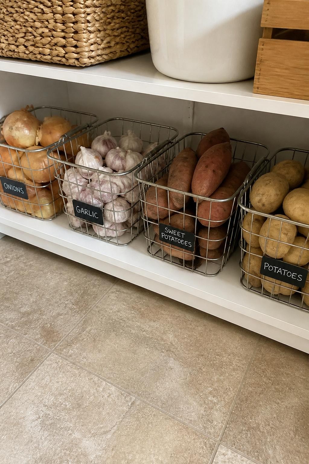 Image prompt: Lower pantry shelf with breathable wire baskets holding onions, garlic, sweet potatoes, and regular potatoes in separate sections, photographed with natural iPhone photo quality, gentle daylight, believable vegetable shapes with small natural marks, cool dry home pantry setting, simple handwritten labels, no plastic perfection, no people, no watermarks on images.