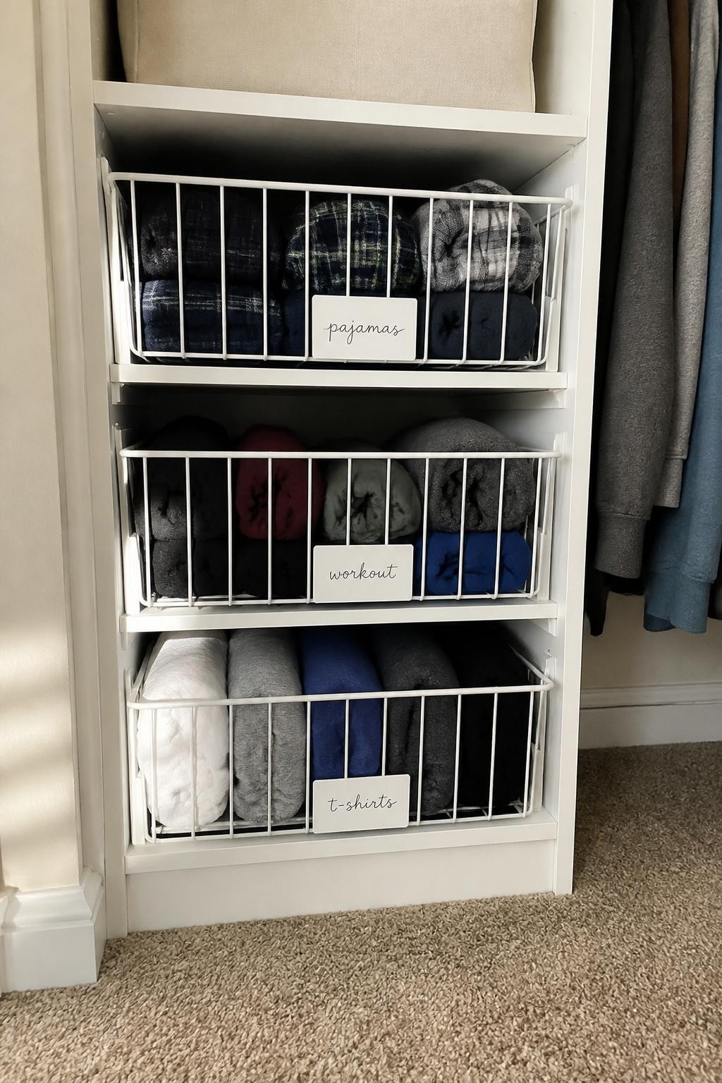 Image prompt: Lower section of a small closet fitted with three simple pull-out wire baskets containing neatly rolled pajamas, workout clothes, and casual T-shirts, subtle handwritten labels on the front, photographed with crisp natural iPhone photo quality, soft window light, believable home setting, gentle shadows, practical white laminate closet system, slightly imperfect folded clothing, no people, no logos, no watermarks on images.
