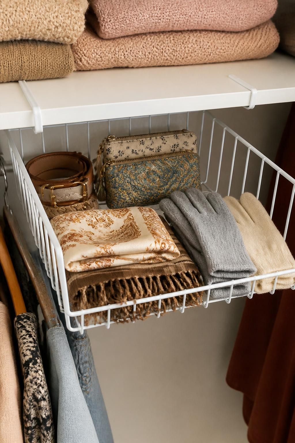 Image prompt: Close-up of a white wire under-shelf basket clipped beneath a closet shelf, holding neatly folded scarves, small fabric pouches, gloves, and two soft belts, photographed with natural iPhone photo quality, warm bedroom daylight, clear metal and textile textures, simple organized closet in an everyday home, shelf above holding folded knitwear, no people, no visible branding, no watermarks on images.