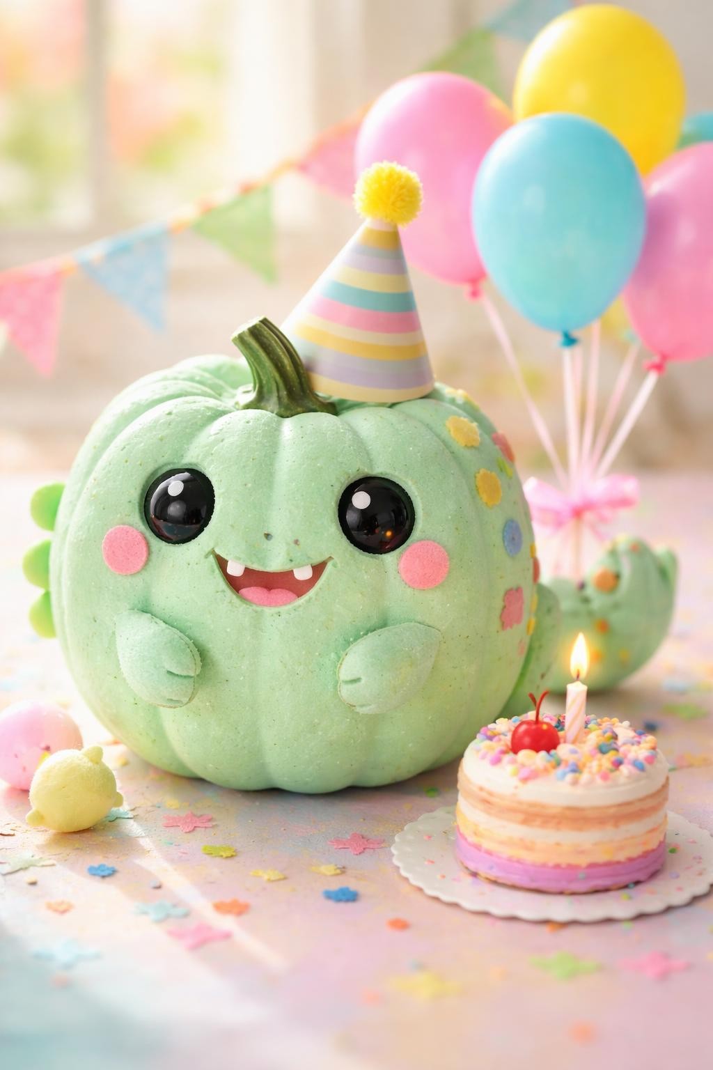 Image Prompt: A small bright mint-green pumpkin transformed into a cheerful cartoon dinosaur, large friendly eyes, tiny white teeth, pink cheeks, short felt arms, colorful spotted pattern, striped paper party hat fitted around the stem, miniature birthday cake and balloons beside it, playful pastel background, bright natural light, realistic DSLR craft photography, clean handmade details, no people, no readable text.