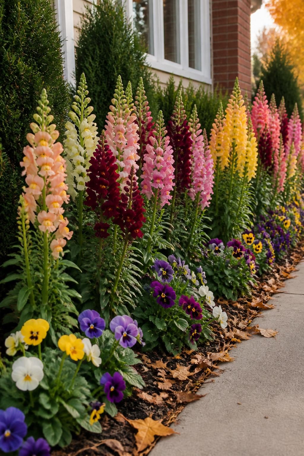 Image Prompt: A realistic fall front-yard flower border with upright snapdragons in peach, cream, burgundy, soft pink, and golden yellow, tall flower spikes rising behind low pansies and in front of compact evergreen shrubs, natural variation in bloom height, dark mulched soil, a few fallen leaves along the walkway edge, bright but gentle autumn morning light, polished yet achievable residential garden, high-detail DSLR photography, 50mm lens, no text.