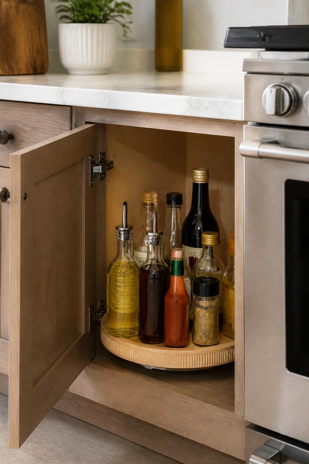 Image prompt: Lower kitchen cabinet beside the stove with a sturdy round turntable holding olive oil, vinegar, soy sauce, cooking wine, hot sauce, and seasoning bottles, photographed with natural iPhone photo quality, warm daylight, realistic glass reflections and liquid levels, slightly varied household bottles, no visible logos, no people, no watermarks on images.