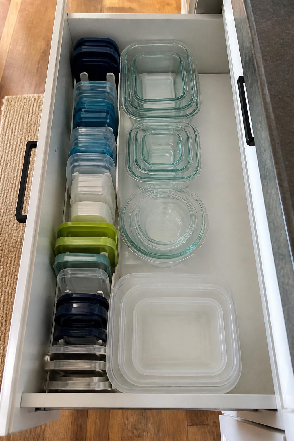 Image prompt: Deep kitchen drawer with food storage containers nested neatly on one side and their lids stored vertically inside a narrow adjustable rack, photographed from above with modern iPhone photo quality, bright natural daylight, realistic mixed container sizes, ordinary plastic and glass textures, practical home kitchen, no hands, no visible brand logos, no watermarks on images.