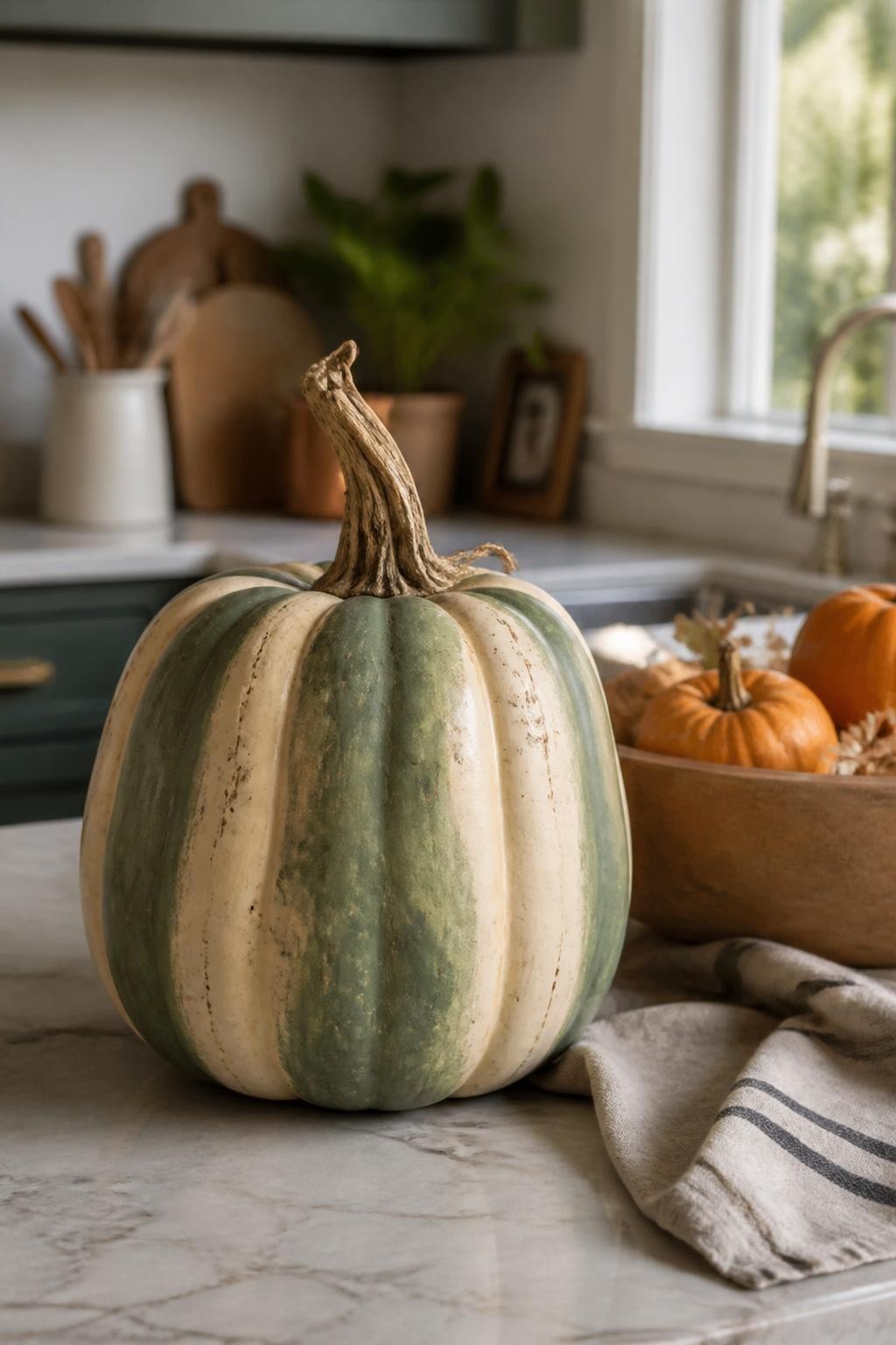 Horizontal 16:9 realistic iPhone camera photograph of a squat faux pumpkin painted with alternating muted forest-green and warm cream vertical sections, softly blended edges following the natural ridges, faint brown speckles, and a twisted realistic stem, displayed on a kitchen island beside a wooden bowl, folded linen towel, and small orange pumpkins, soft window light, believable hand-painted heirloom appearance, no text.