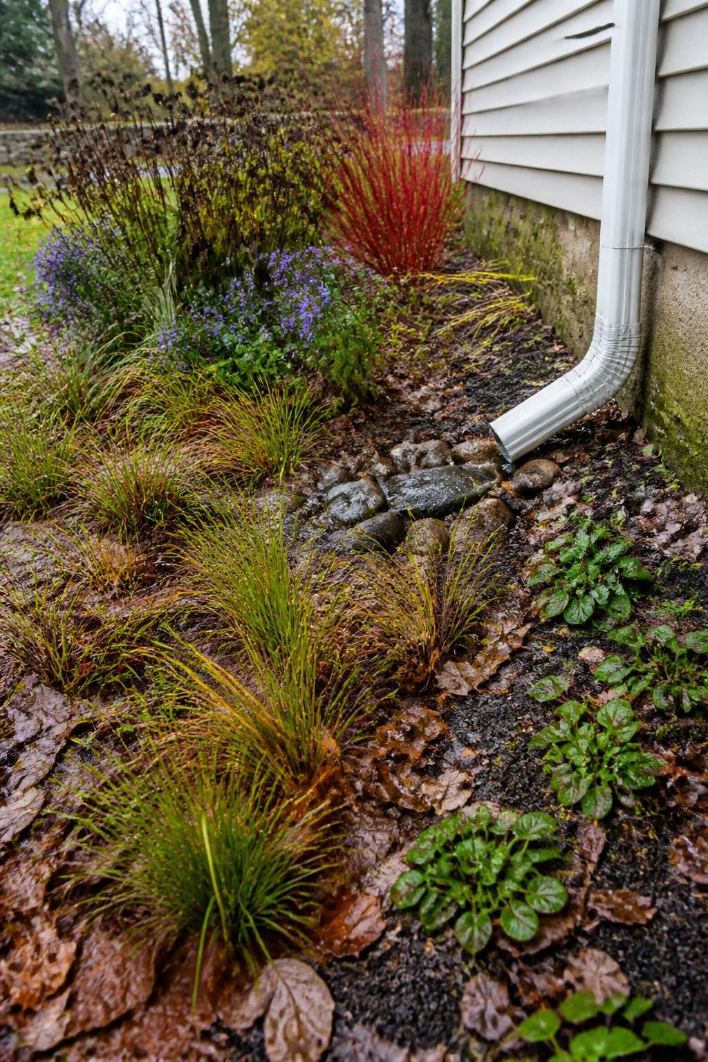 Image Prompt: A realistic shallow rain garden in a residential side yard during fall, positioned below a downspout extension and planted with native sedges, blue asters, golden rudbeckia seedheads, red-twig dogwood, and moisture-tolerant groundcover, a gentle basin shape visible in the landscape, stones slowing water at the inlet, damp soil and scattered fallen leaves, soft overcast light after rain, practical drainage-focused garden design, editorial DSLR photography, 35mm lens, no text.