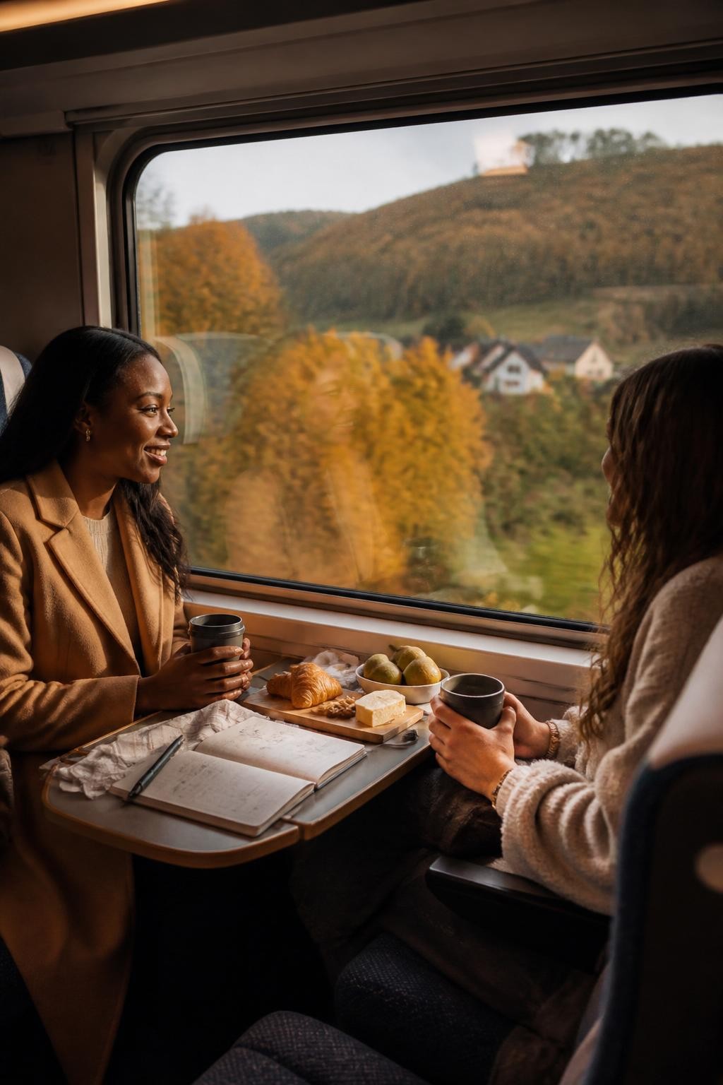 Image Prompt: The interior of a comfortable regional train passing through autumn countryside, two adult friends seated beside a large window with golden trees and small villages blurred outside, a tasting notebook, local pastries, cheese, pears and travel mugs arranged neatly on the fold-down table, one friend with dark brown skin wearing a camel coat, natural relaxed expressions, realistic reflections in the glass, soft morning light, cinematic DSLR travel photography, 50mm lens, no readable train logos, no text.