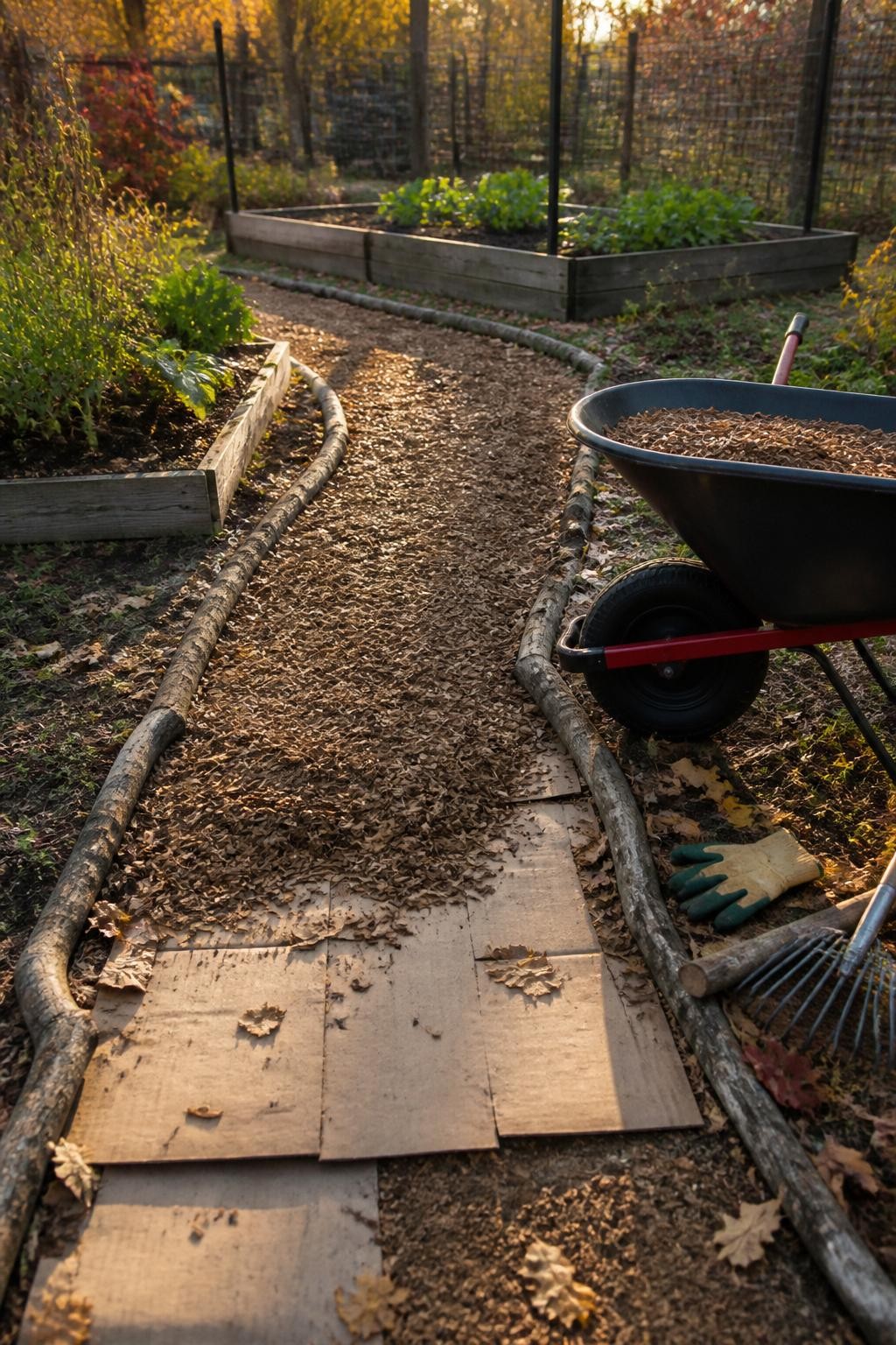 Image Prompt: A realistic fall garden improvement project showing a curved pathway being created between raised vegetable beds, cardboard sheets laid flat over short weeds and partially covered with a thick layer of natural wood chips, a wheelbarrow filled with additional chips, a garden rake and work gloves nearby, clean path edges formed with small logs, scattered autumn leaves, warm late-afternoon sunlight, authentic backyard garden, practical construction details, DSLR photography, 35mm lens, no text.