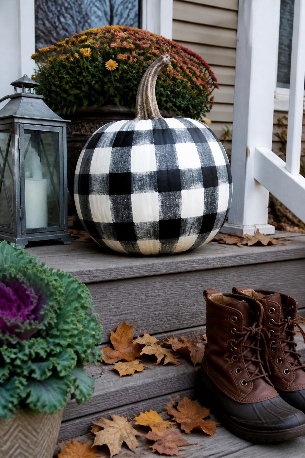 Horizontal 16:9 realistic iPhone photo of a medium real pumpkin painted warm white with a hand-drawn black buffalo check pattern, visible natural ridges and slightly uneven grid lines, natural twisted stem, arranged on covered porch steps beside a metal lantern, potted mums, brown boots, and dry maple leaves, overcast autumn daylight, authentic residential setting, no commercial styling, no text.