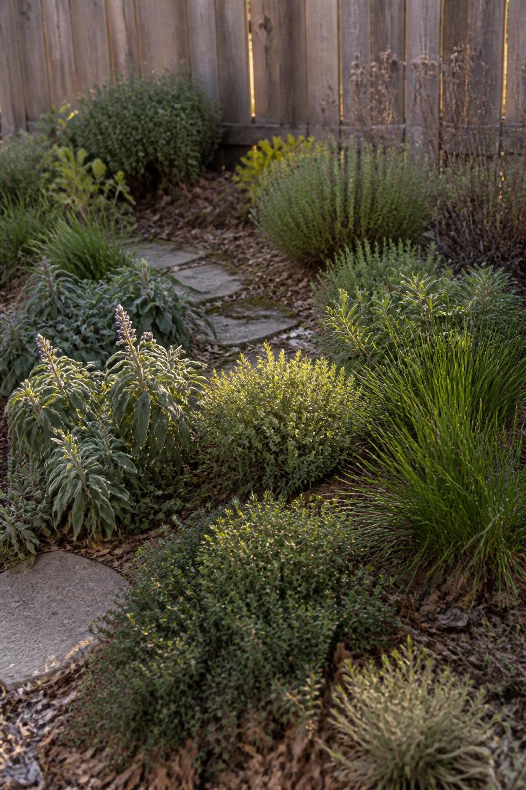Image Prompt: A realistic permanent herb garden corner in fall planted with established thyme, sage, oregano, chives, and winter savory, arranged in loose natural groups around flat stepping stones, soft gray-green and deep green foliage, a few sage flowers and dried oregano stems still visible, light shredded-leaf mulch between plants, weathered wooden fence behind, warm low afternoon sunlight, mature residential garden setting, natural plant imperfections, DSLR photography, 50mm lens, no text.