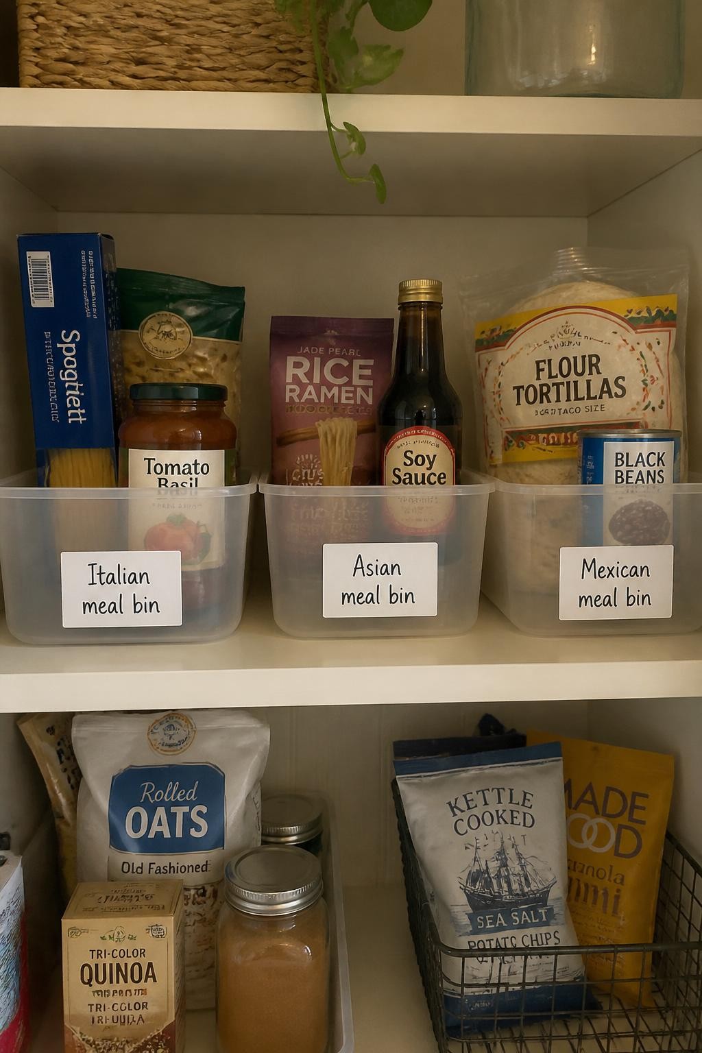 Image prompt: Pantry shelf divided into practical cuisine-based bins containing pasta and tomato sauce in an Italian meal bin, noodles and soy sauce in an Asian meal bin, tortillas and beans in a Mexican meal bin, photographed with natural iPhone photo quality, soft daylight, handwritten category labels, believable pantry foods, warm family kitchen, no people, no logos, no watermarks on images.