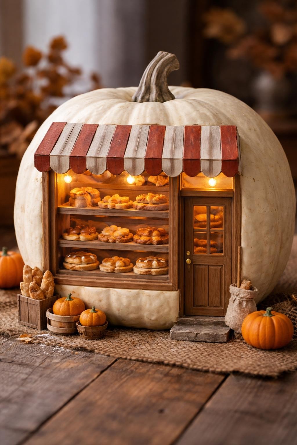 Image Prompt: A round cream-colored pumpkin designed as a miniature autumn bakery storefront, carved rectangular display window with clear acetate, tiny handmade pies, croissants, cinnamon rolls, and bread loaves displayed inside, striped fabric awning in muted rust and cream, small wooden door, warm golden LED lighting, miniature pumpkins and flour sacks near the entrance, fine realistic craft details, cozy fall styling, photographed on a rustic wooden surface, natural soft light, realistic DSLR photo, editorial composition, no people, no readable text.