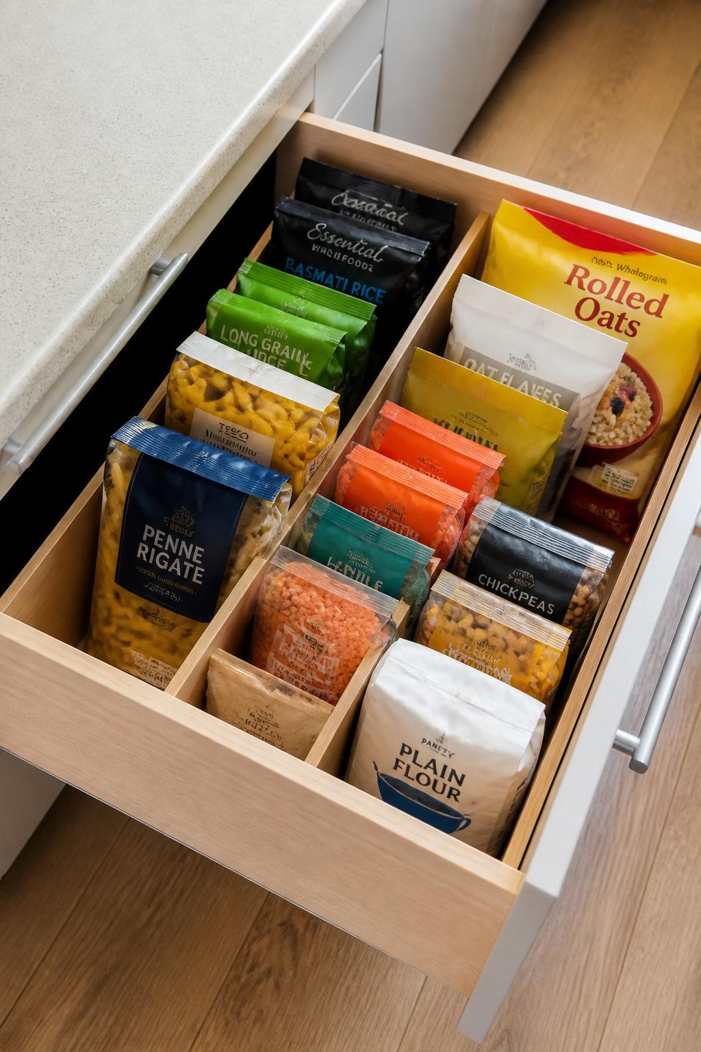 Image prompt: Open deep kitchen drawer organized with upright packets of rice, pasta, lentils, oats, flour, and cereal separated by adjustable wooden dividers, photographed from a gentle overhead angle with modern iPhone photo quality, bright natural daylight, believable packaging sizes, ordinary family kitchen, neat but not perfectly staged, no hands, no logos, no watermarks on images.