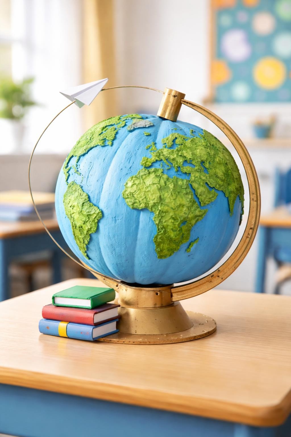 Image Prompt: A round blue pumpkin decorated as a classroom globe, green painted continents wrapped around the surface, simple gold stand made from cardboard, small paper airplane circling on thin wire, tiny books at the base, educational school display, bright classroom light, realistic DSLR craft photography, clean painted finish, no people, no readable text.