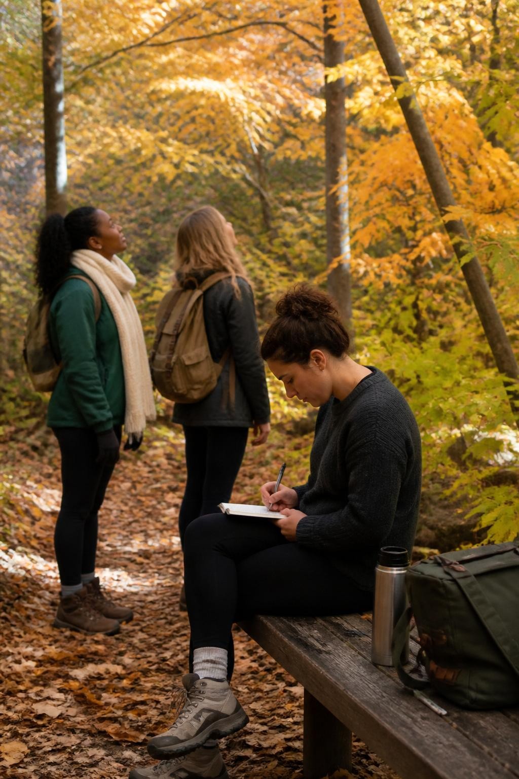 Image Prompt: A quiet woodland trail covered with fallen leaves, one woman seated on a rough wooden bench writing in a small journal while two friends stand nearby looking at the trees, one Black woman wearing a forest-green jacket and cream scarf, backpacks, thermos, and pens nearby, rich orange and yellow foliage, gentle afternoon light filtering through branches, calm thoughtful mood, editorial DSLR outdoor photography, 50mm lens, no text overlay.