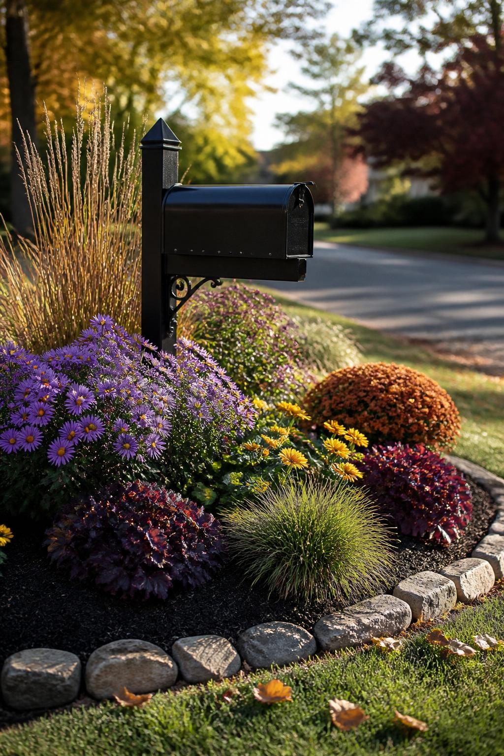 Image Prompt: A realistic roadside mailbox garden in early fall, featuring a black metal mailbox surrounded by compact purple asters, golden calendula, bronze mums, burgundy heuchera, and low ornamental grass, plants arranged in loose repeating groups around a small curved bed, dark mulch and a simple stone border, scattered leaves on the nearby lawn, warm morning sunlight, modest residential street softly blurred in the background, realistic plant spacing, DSLR photography, 50mm lens, no text.