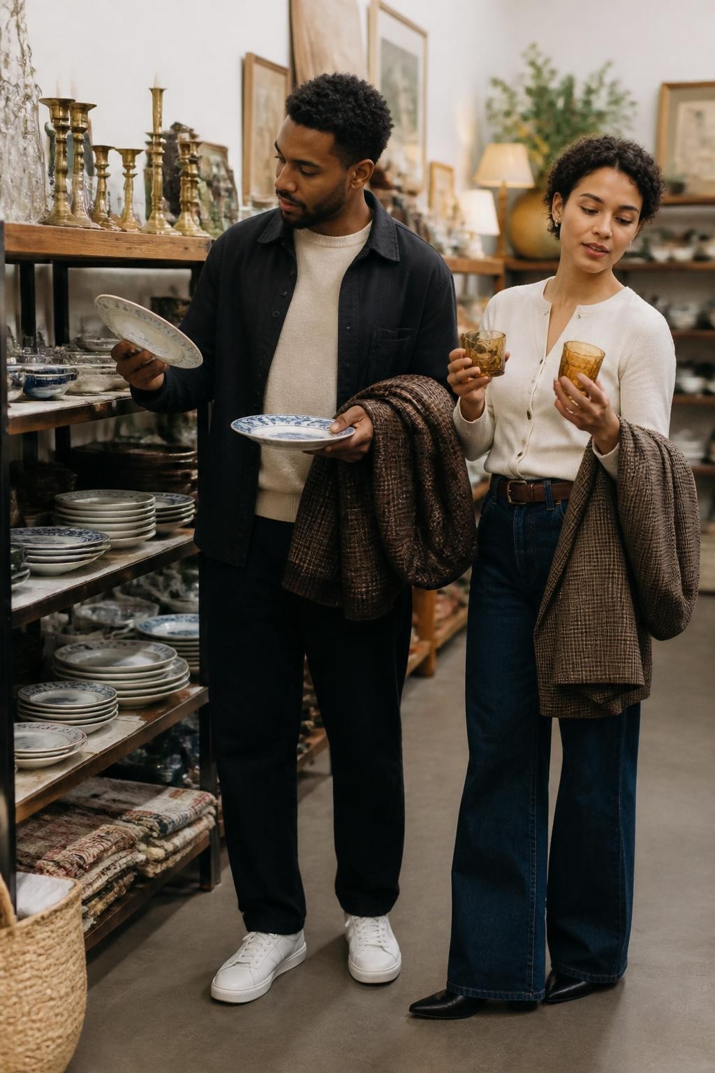 Image Prompt: A couple inside a well-organized vintage and thrift shop, browsing shelves of mismatched ceramic plates, amber glassware, brass candleholders and woven table linens, the man with dark brown skin holding two patterned plates while his partner compares small glass cups, relaxed fall outfits with jackets folded over their arms, warm shop lighting, realistic shelves and secondhand imperfections, candid editorial DSLR photography, 35mm lens, no visible brand names, no text.