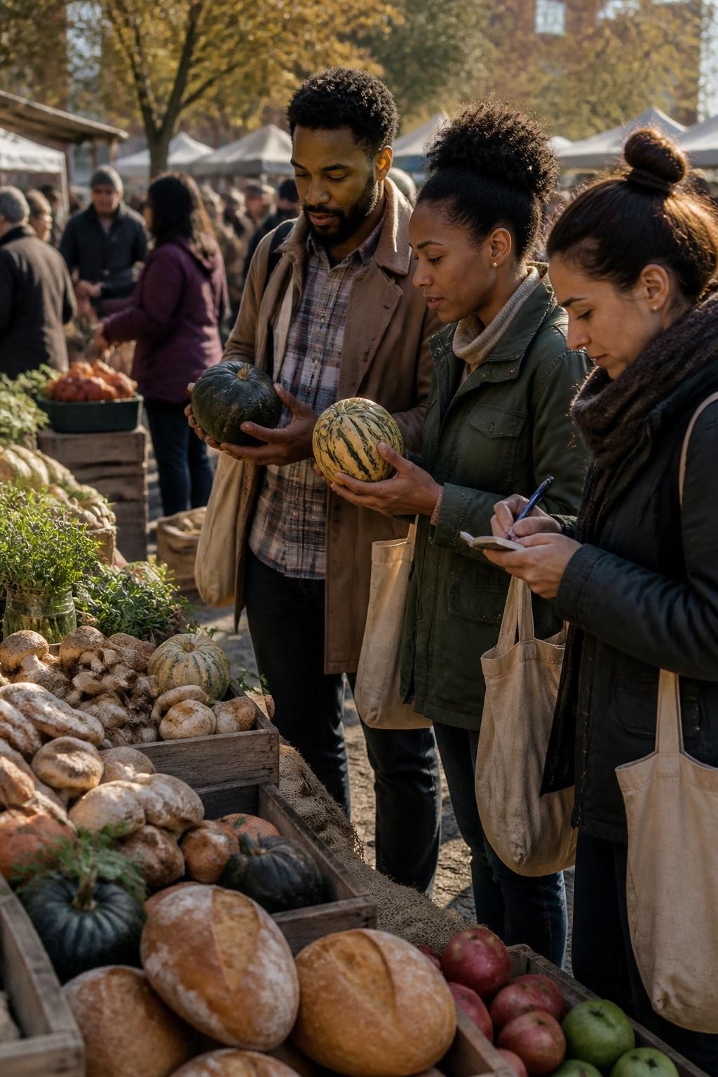 Image Prompt: A lively outdoor farmers’ market in fall with wooden stalls overflowing with apples, pumpkins, mushrooms, squash, herbs, and fresh bread, three adults carrying canvas bags and studying produce with interest, a Black couple comparing two unusual squash varieties while another friend writes on a small notepad, layered casual jackets, soft midday sunlight, natural market movement in the background, realistic produce imperfections, documentary-style DSLR photography, 35mm lens, no readable signs, no text.