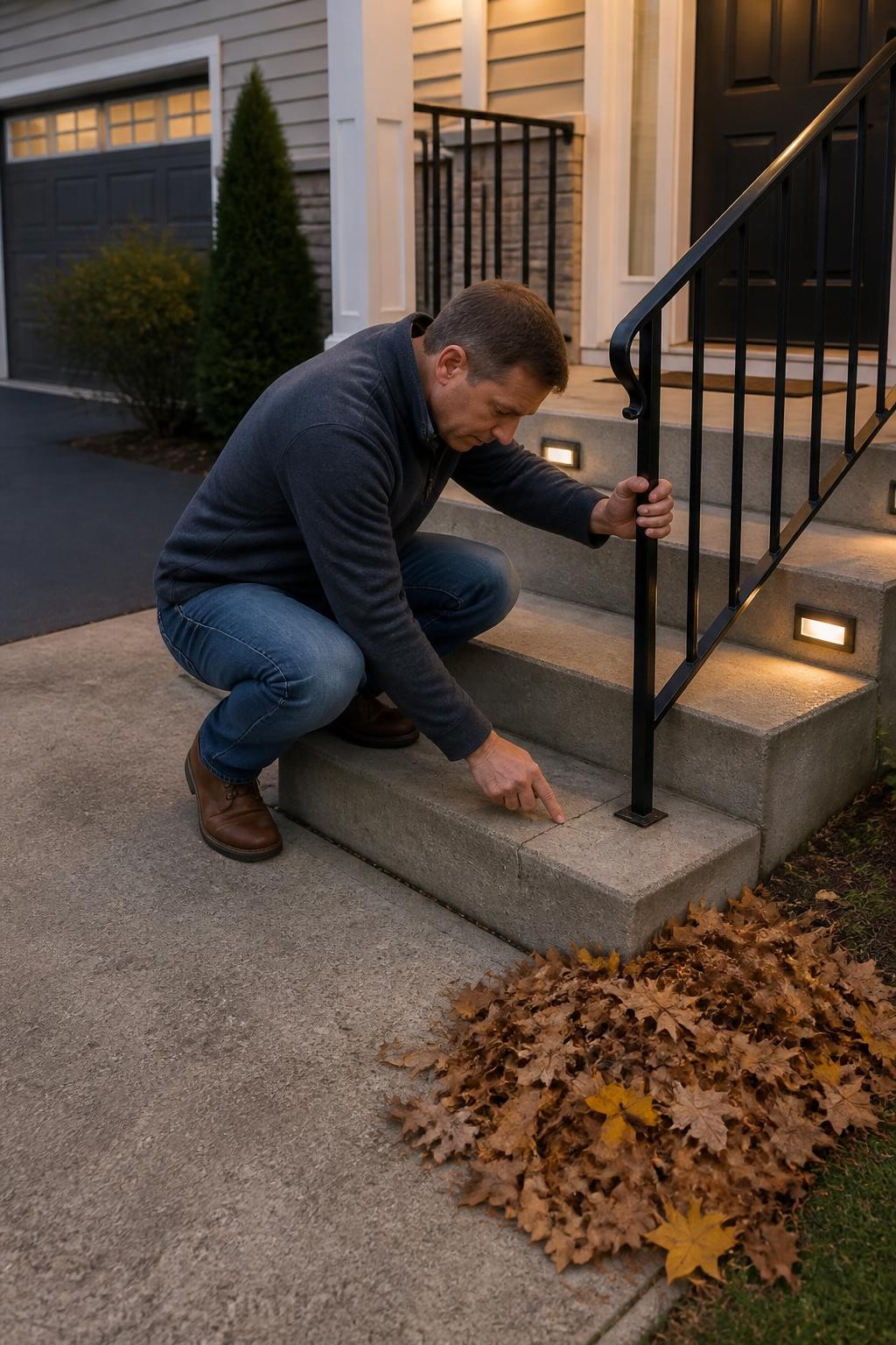 Image Prompt: A photorealistic exterior maintenance photograph showing a homeowner inspecting a small crack in a concrete front step while testing the stability of a black metal handrail, fallen leaves recently swept into a tidy pile beside the path, exterior step lights switched on in the soft early-evening light, clean driveway and front entrance, realistic concrete weathering and metal texture, accurate body proportions, professional DSLR photography using a 35mm lens, polished home-safety editorial composition, no exaggerated damage, no brand names, no text, no watermarks on images.