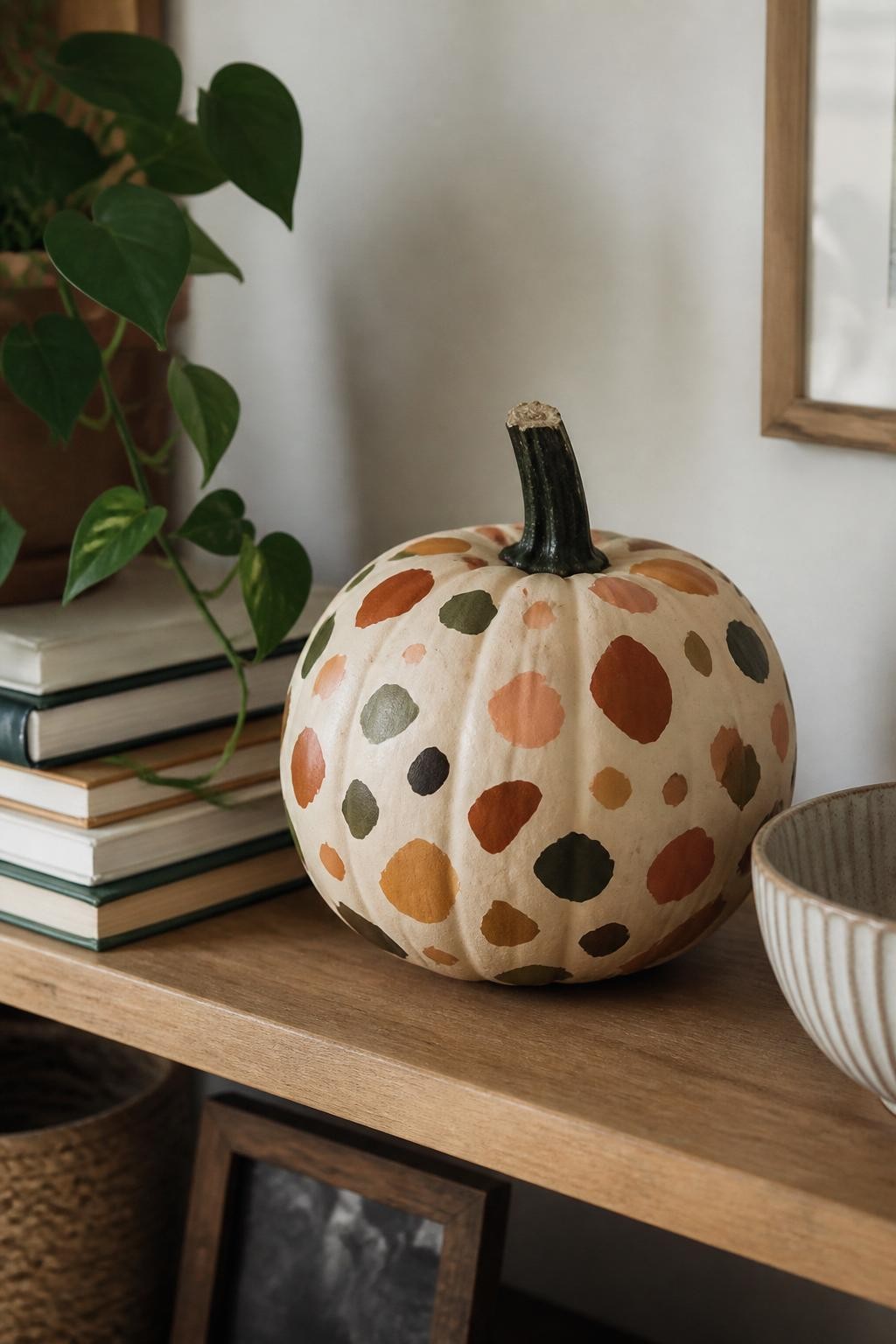 Horizontal 16:9 realistic iPhone photograph of a medium pumpkin painted matte warm ivory with scattered irregular terrazzo-style shapes in terracotta, mustard, chocolate brown, dusty peach, and deep olive green, placed on a simple light-wood shelf beside stacked books, a small trailing plant, and a ribbed ceramic bowl, indirect daylight, believable apartment interior, natural pumpkin texture showing beneath paint, handmade imperfections, no professional product photography, no text or watermark.