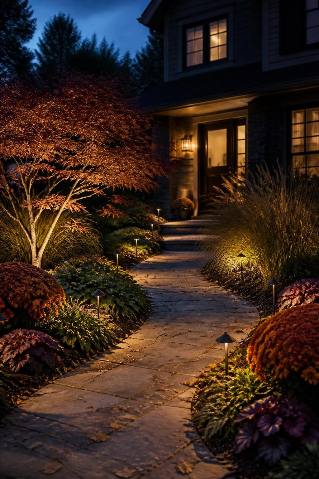 Image Prompt: A realistic residential front garden at early dusk in fall, with small warm low-voltage path lights spaced evenly along a curved walkway, subtle uplighting beneath a dwarf tree and ornamental grasses, bronze mums and heuchera softly illuminated without harsh glare, fallen leaves on the path, dark blue evening sky, welcoming home entrance in the background, safe understated lighting design, realistic exposure, professional DSLR photography, 35mm lens, no text.