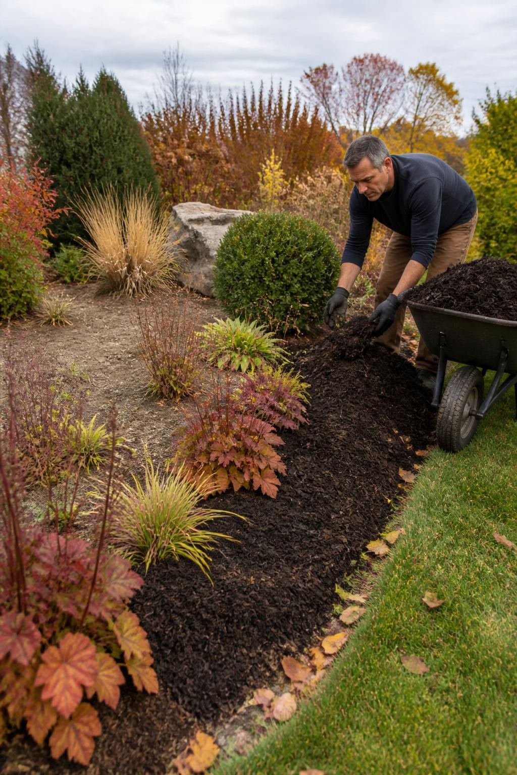 Image Prompt: A realistic fall garden bed being refreshed with a clean layer of dark shredded bark mulch, one side showing faded dry soil and weeds while the finished side looks neat around shrubs, heuchera, and ornamental grasses, a gardener spreading mulch by hand from a wheelbarrow, fallen leaves scattered along the lawn edge, soft cloudy daylight, practical suburban landscape improvement, accurate mulch depth, editorial DSLR photography, 45-degree angle, no text.