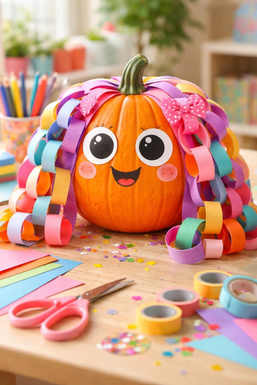 Image Prompt: A round pumpkin decorated as a playful character with long paper-chain hair, loops in pink, purple, turquoise, yellow, and orange hanging from around the stem, large paper eyes, freckles, smiling mouth, small bow clipped into one chain, cheerful craft table scene, soft daylight, realistic DSLR photography, detailed colorful paper texture, no people, no text.