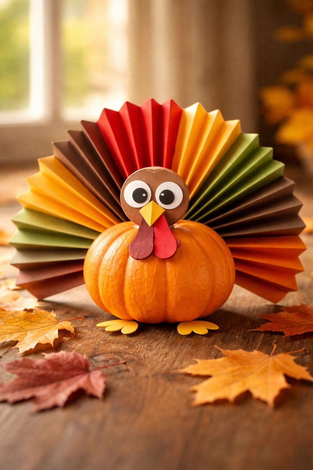 Image Prompt: A small orange pumpkin transformed into a cheerful turkey, large fan tail made from accordion-folded paper in red, mustard, orange, green, and brown, round paper eyes, yellow folded beak, red paper wattle, two small paper feet, scattered autumn leaves, warm natural window light, realistic DSLR craft photography, crisp folded-paper detail, no people, no text.